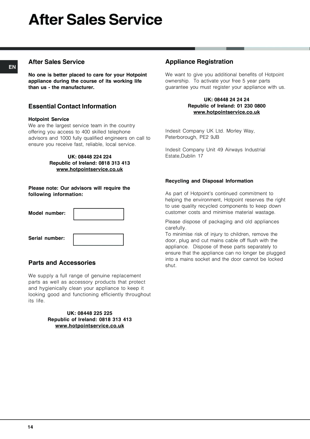 Hotpoint FDM550PR manual After Sales Service, Essential Contact Information, Parts and Accessories, Appliance Registration 