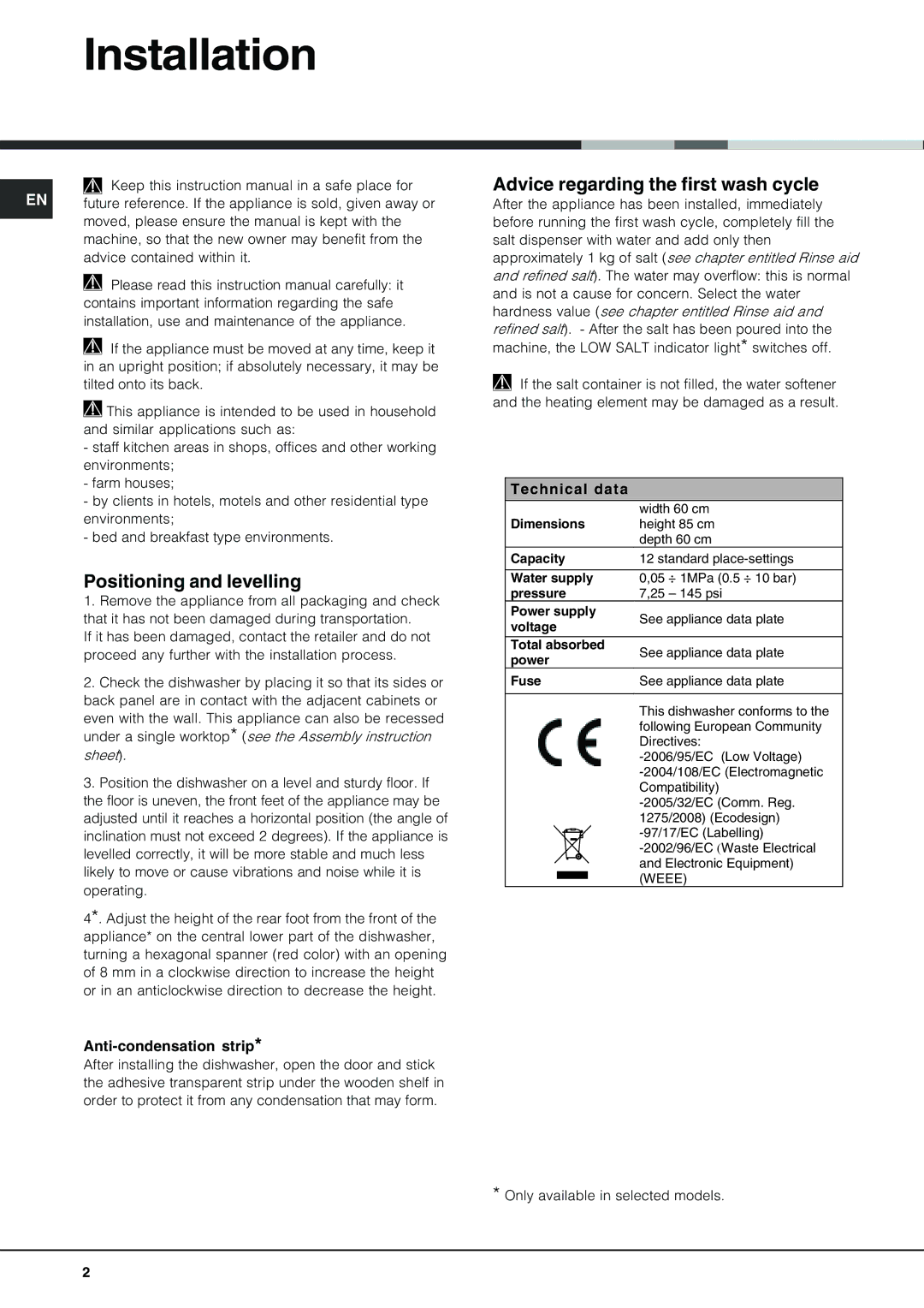 Hotpoint FDM550PR Installation, Positioning and levelling, Advice regarding the first wash cycle, Anti-condensation strip 