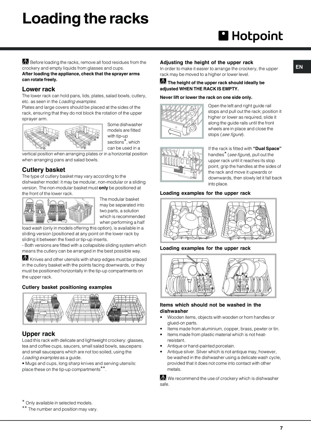 Hotpoint FDM550PR manual Loading the racks, Lower rack, Cutlery basket, Upper rack 