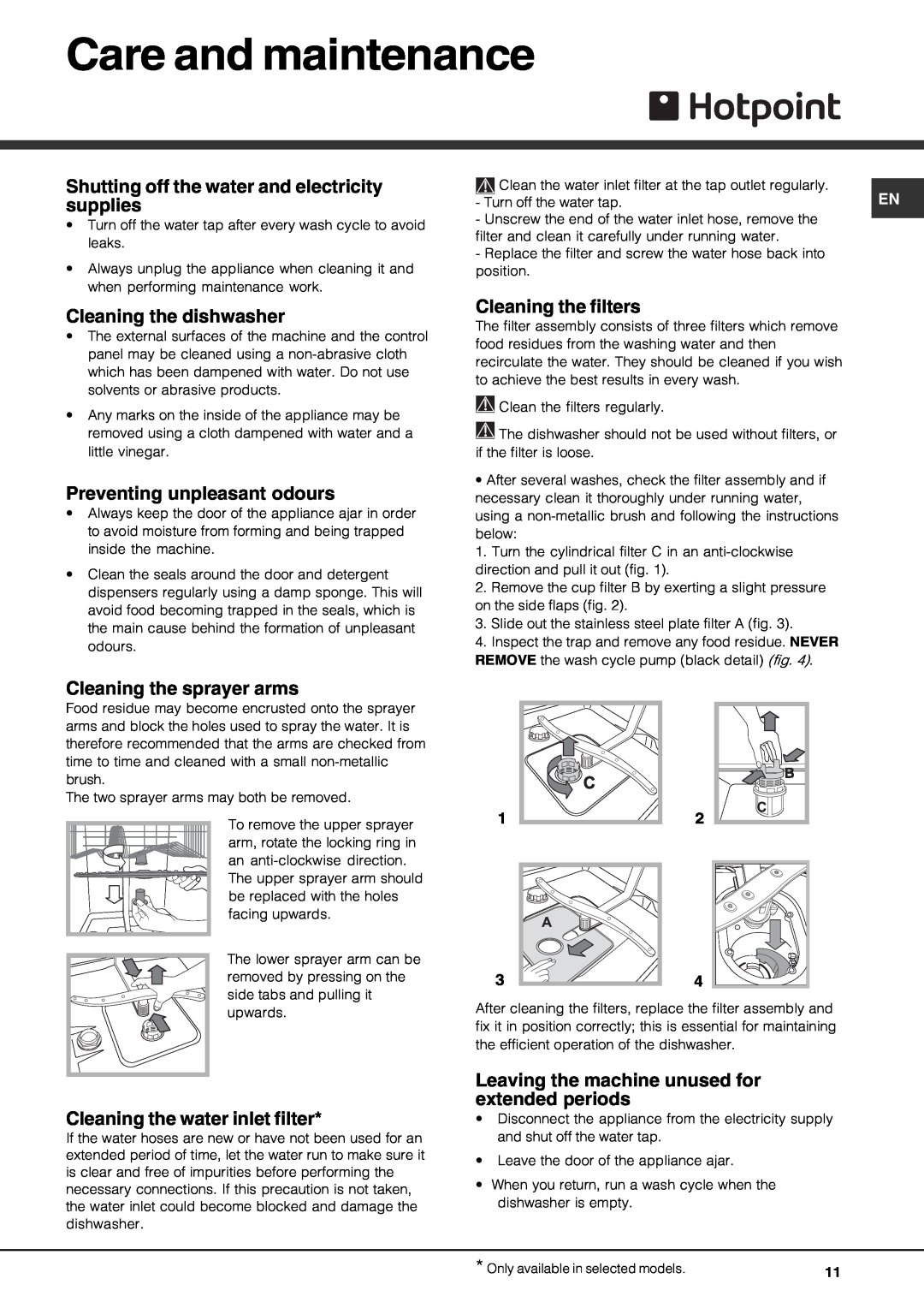 Hotpoint FDM550PR manual Care and maintenance, Shutting off the water and electricity, supplies, Cleaning the dishwasher 
