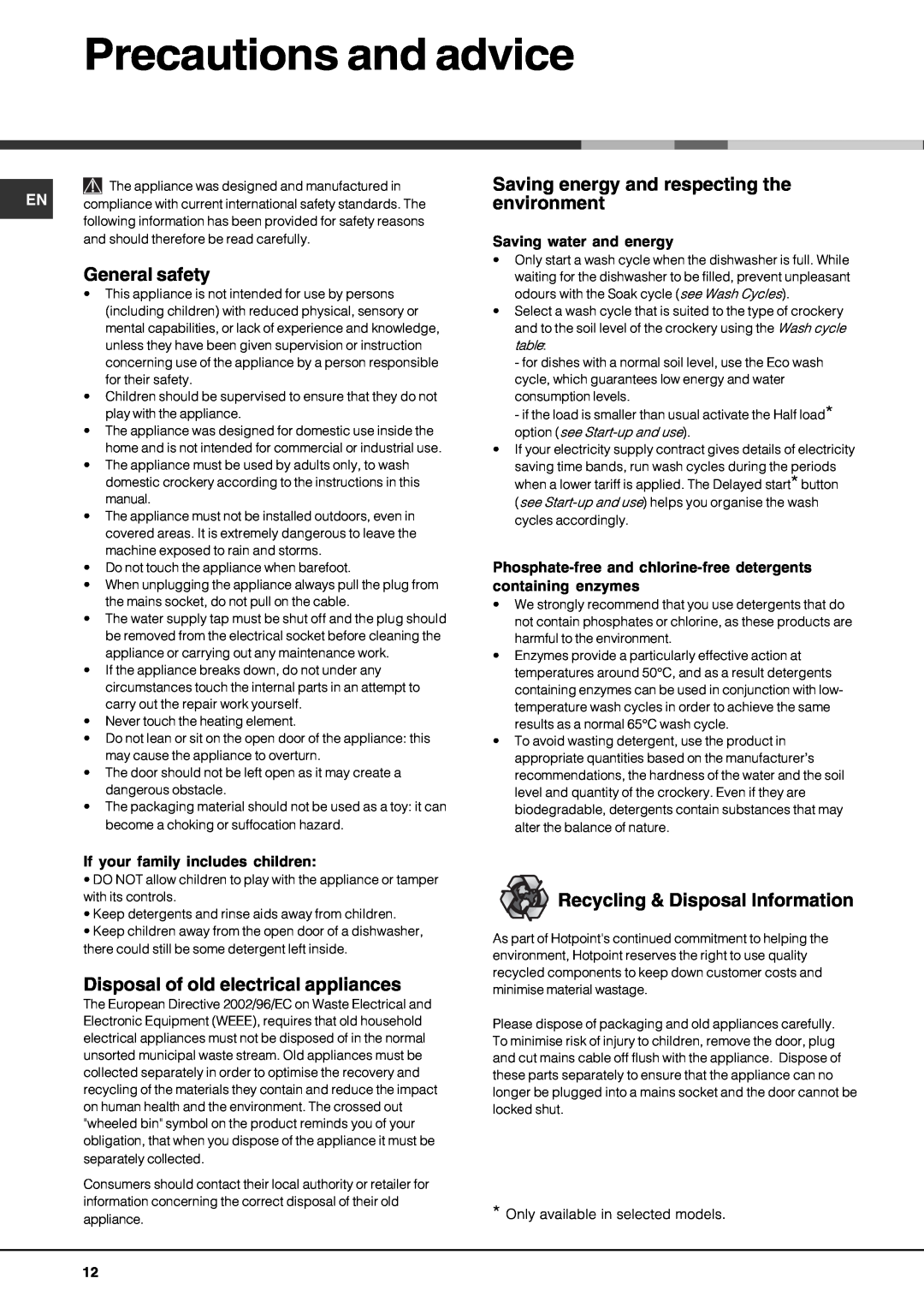 Hotpoint FDM550PR manual Precautions and advice, General safety, Saving energy and respecting the environment 