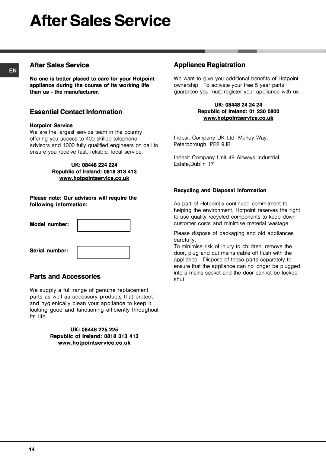 Hotpoint FDM550PR manual After Sales Service, Essential Contact Information, Parts and Accessories, Appliance Registration 