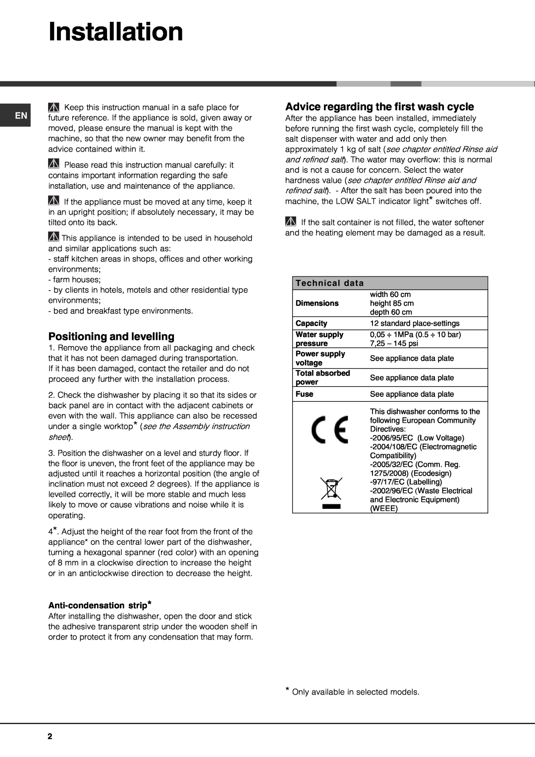 Hotpoint FDM550PR manual Installation, Positioning and levelling, Advice regarding the first wash cycle, Technical data 
