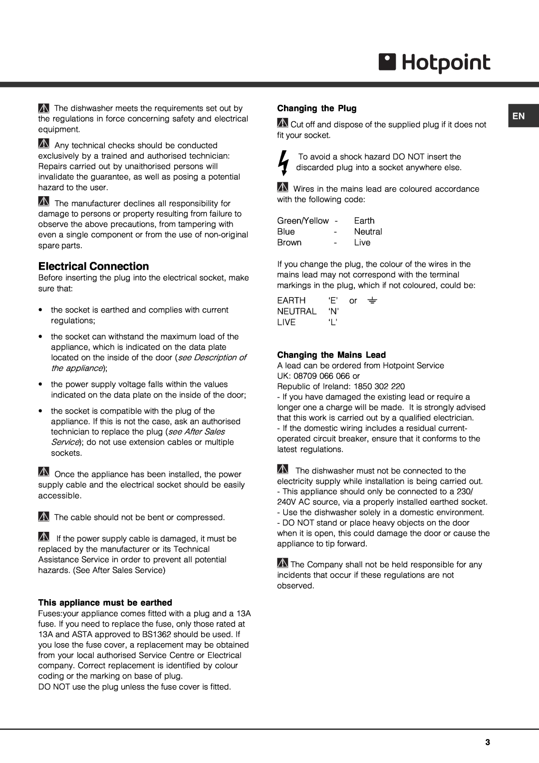 Hotpoint FDM550PR manual Electrical Connection 