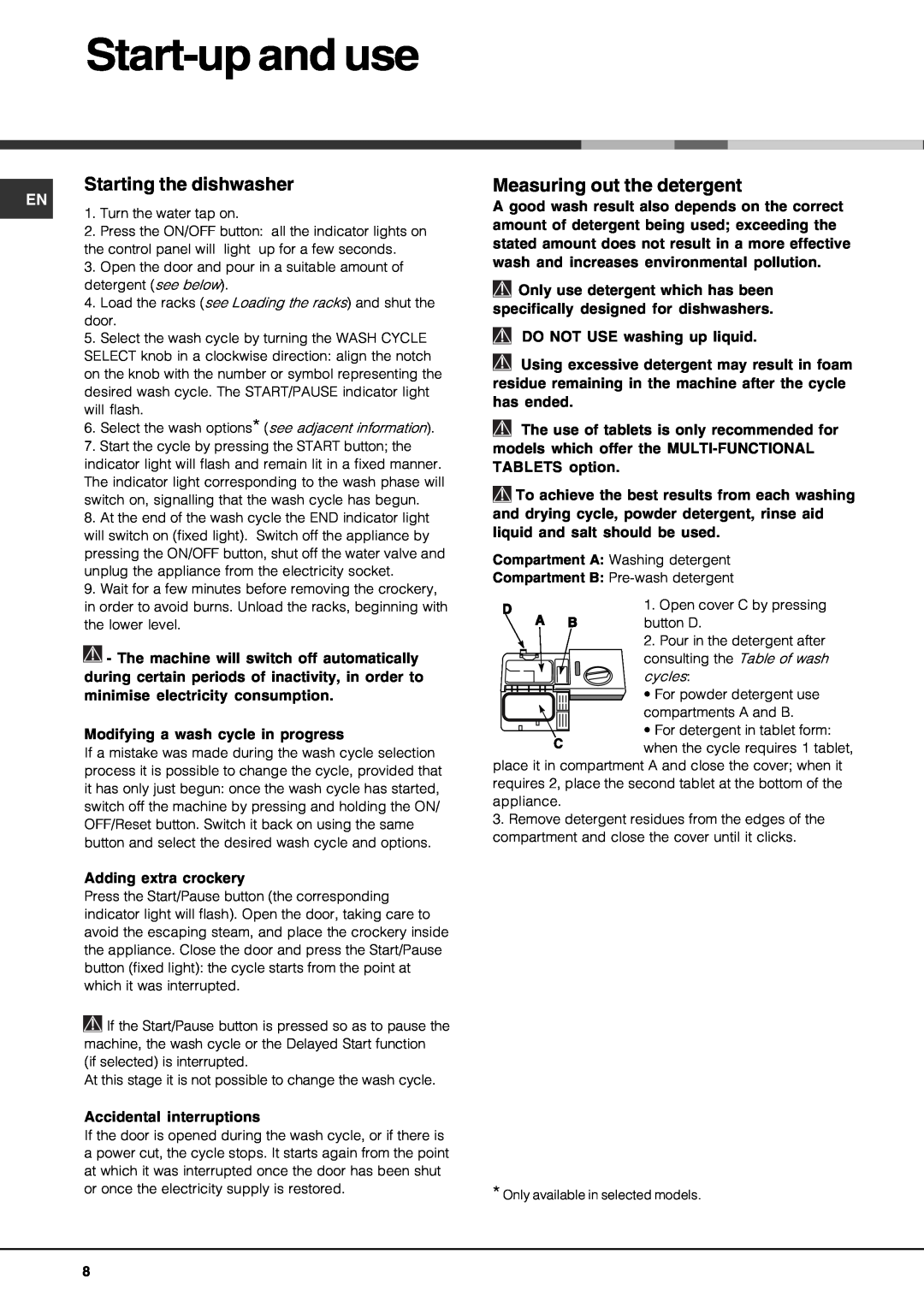 Hotpoint FDM550PR manual Start-upand use, Starting the dishwasher, Measuring out the detergent 