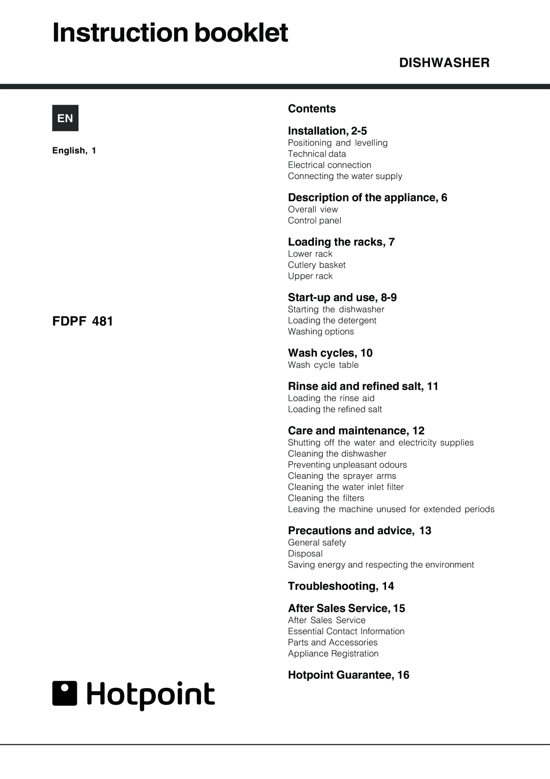 Hotpoint FDPF 481 manual Instruction booklet 