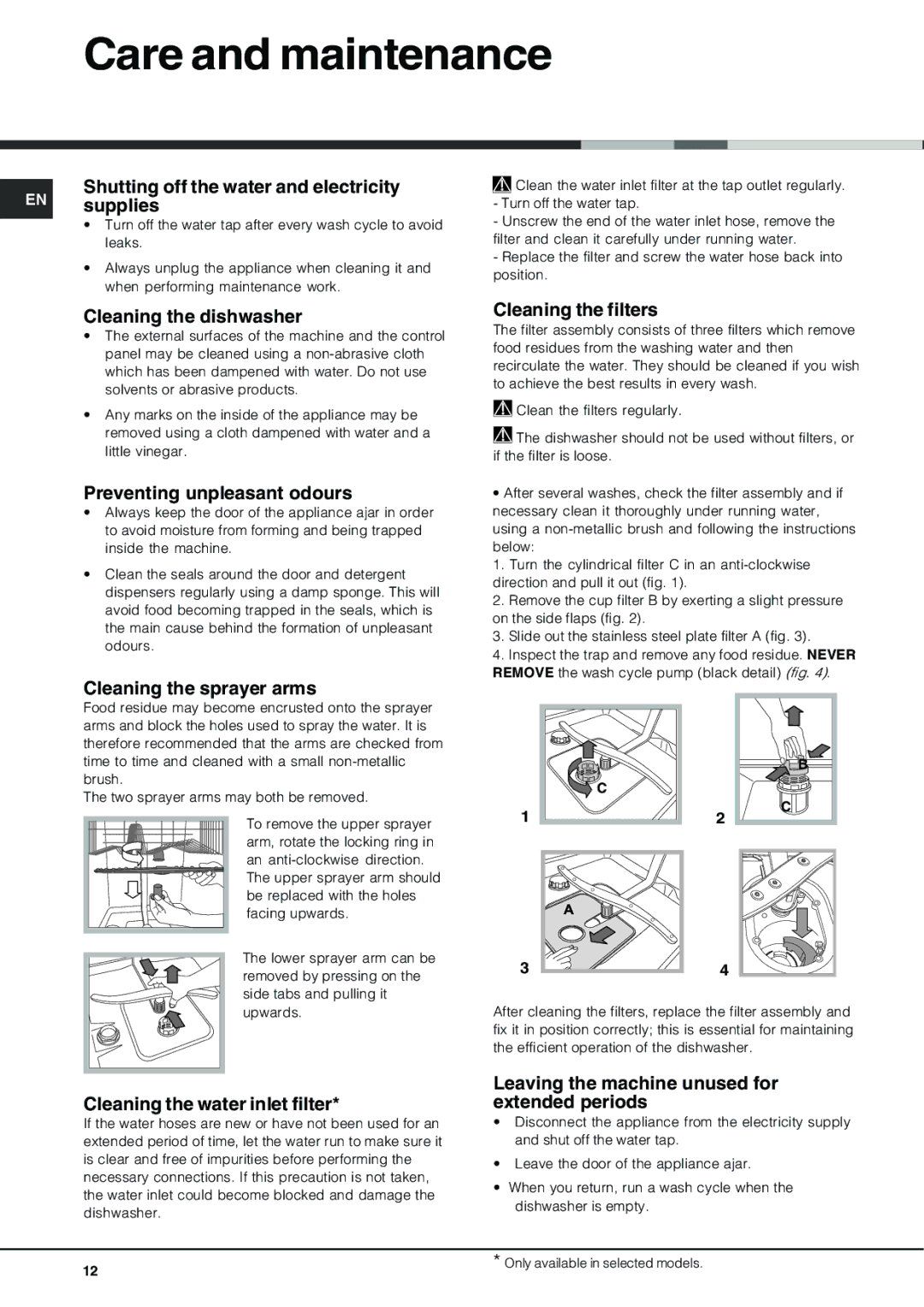 Hotpoint FDPF 481 manual Care and maintenance 