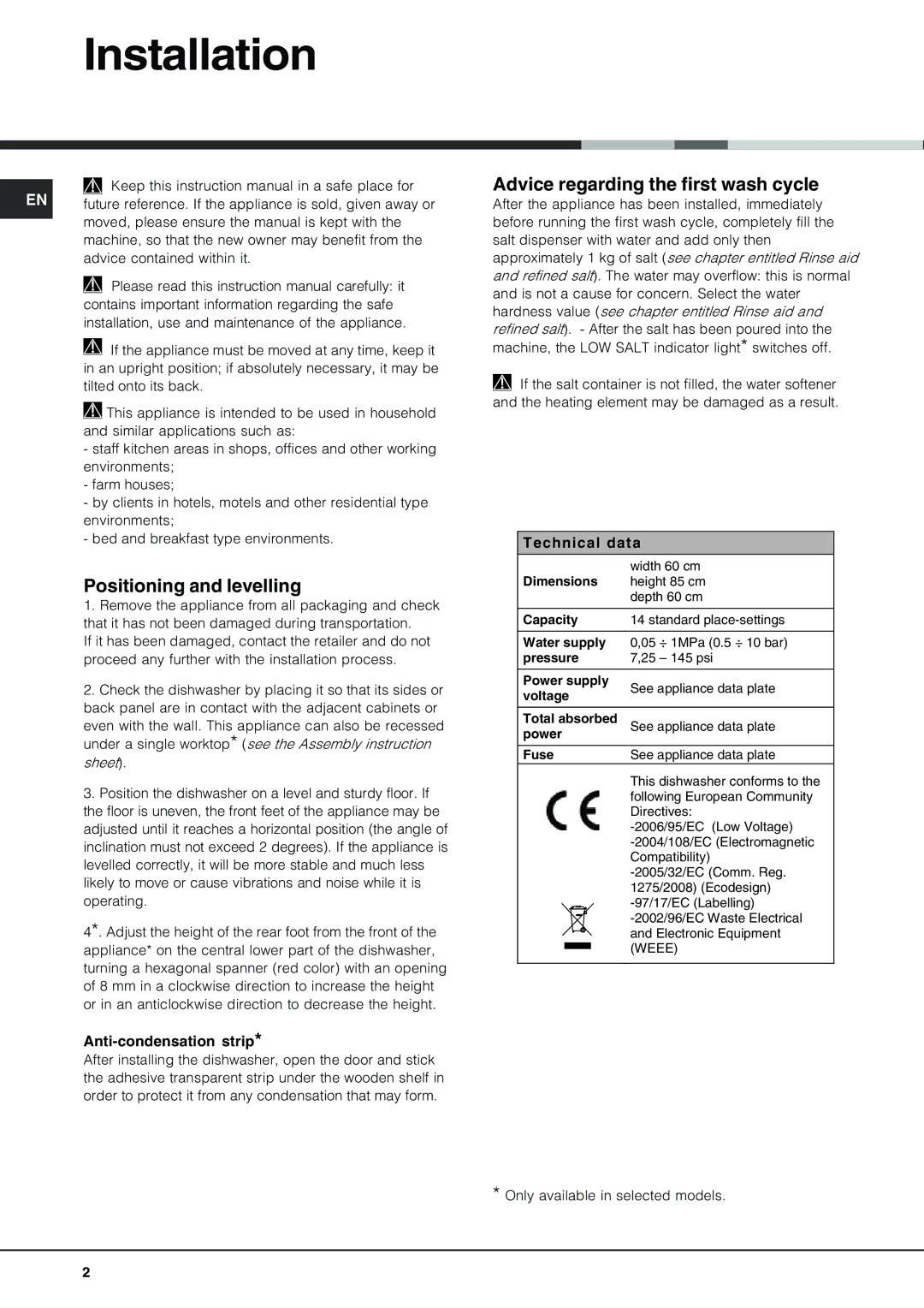 Hotpoint FDPF 481 Installation, Positioning and levelling, Advice regarding the first wash cycle, Anti-condensation strip 