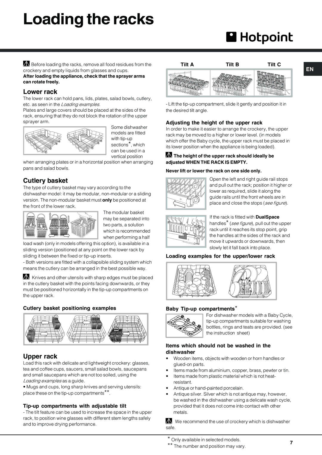 Hotpoint FDPF 481 manual Loading the racks, Lower rack, Cutlery basket, Upper rack 