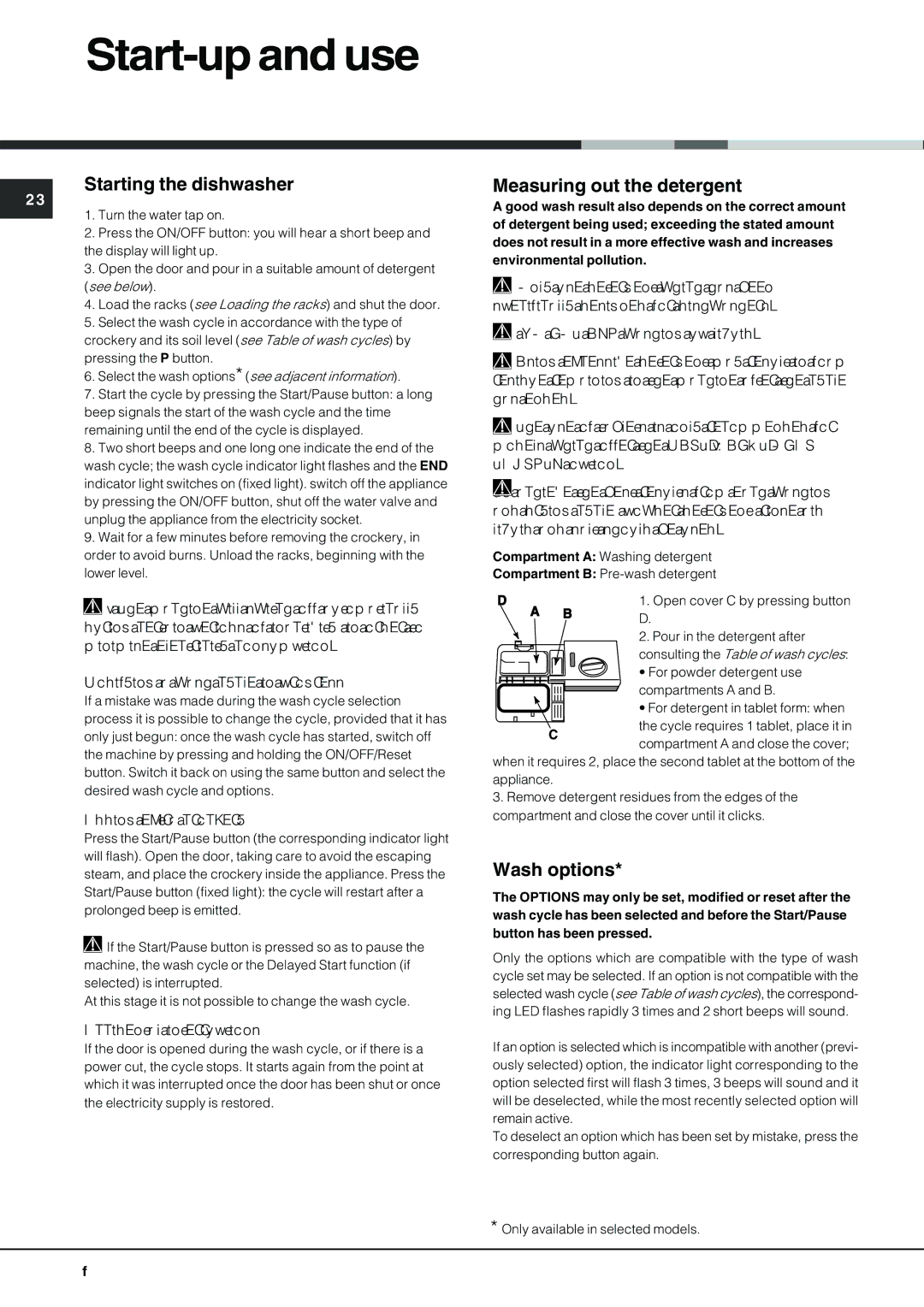 Hotpoint FDPF 481 manual Start-up and use, Starting the dishwasher, Measuring out the detergent, Wash options 