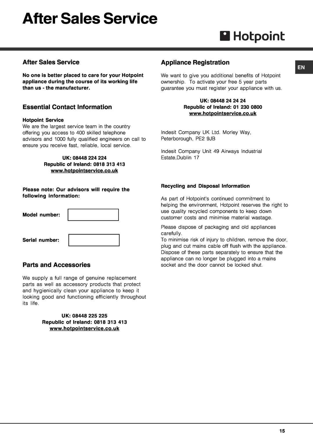 Hotpoint FDPF 481 manual After Sales Service, Essential Contact Information, Parts and Accessories, Appliance Registration 