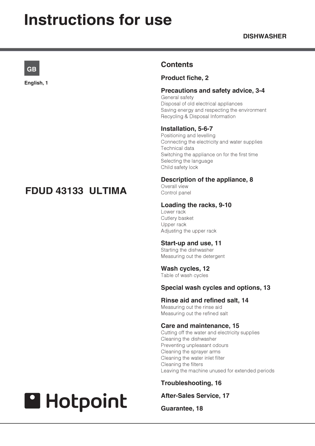 Hotpoint FDUD 43133 Ultima manual Instructions for use, Contents 