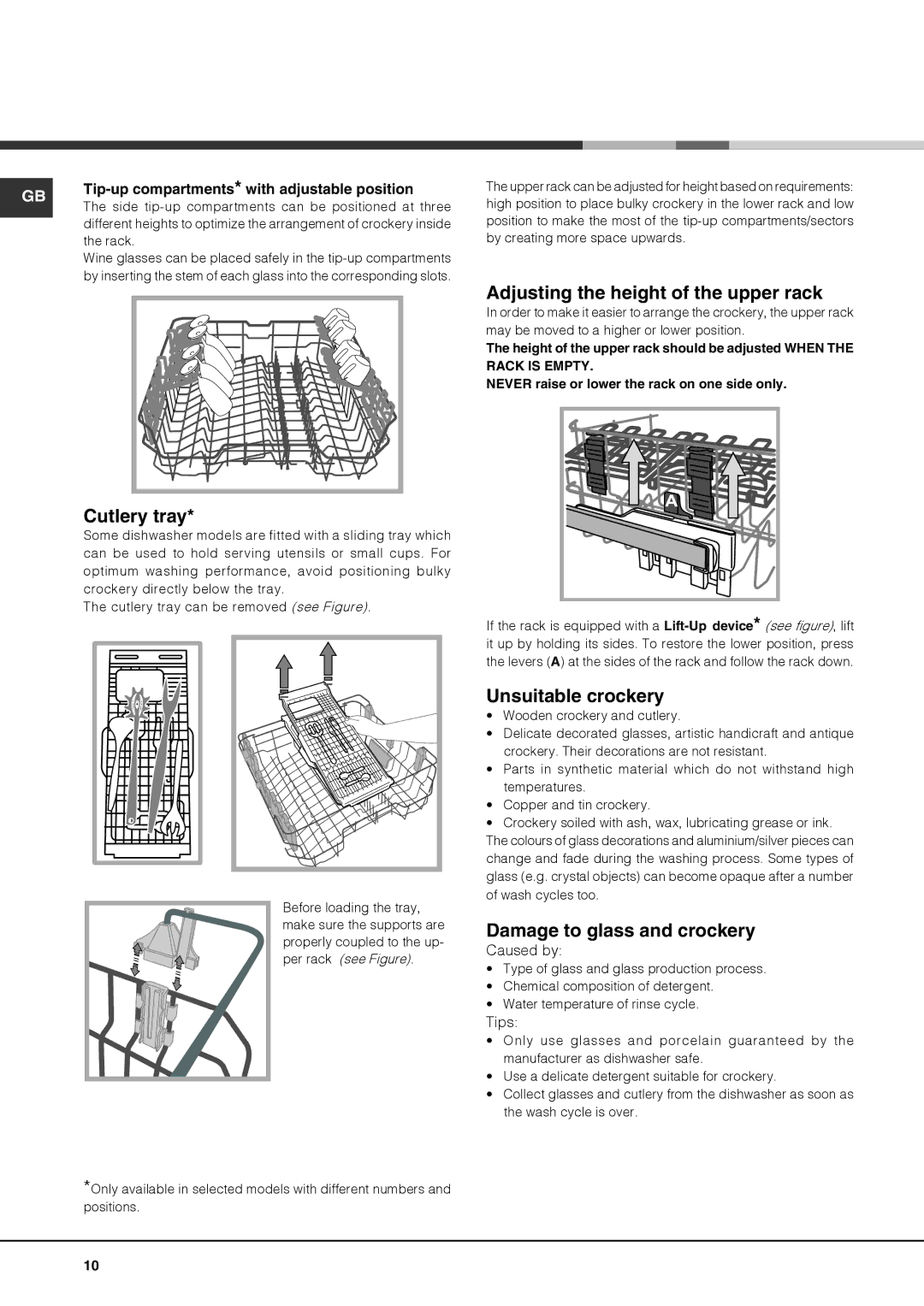 Hotpoint FDUD 43133 Ultima manual Cutlery tray, Adjusting the height of the upper rack, Unsuitable crockery 