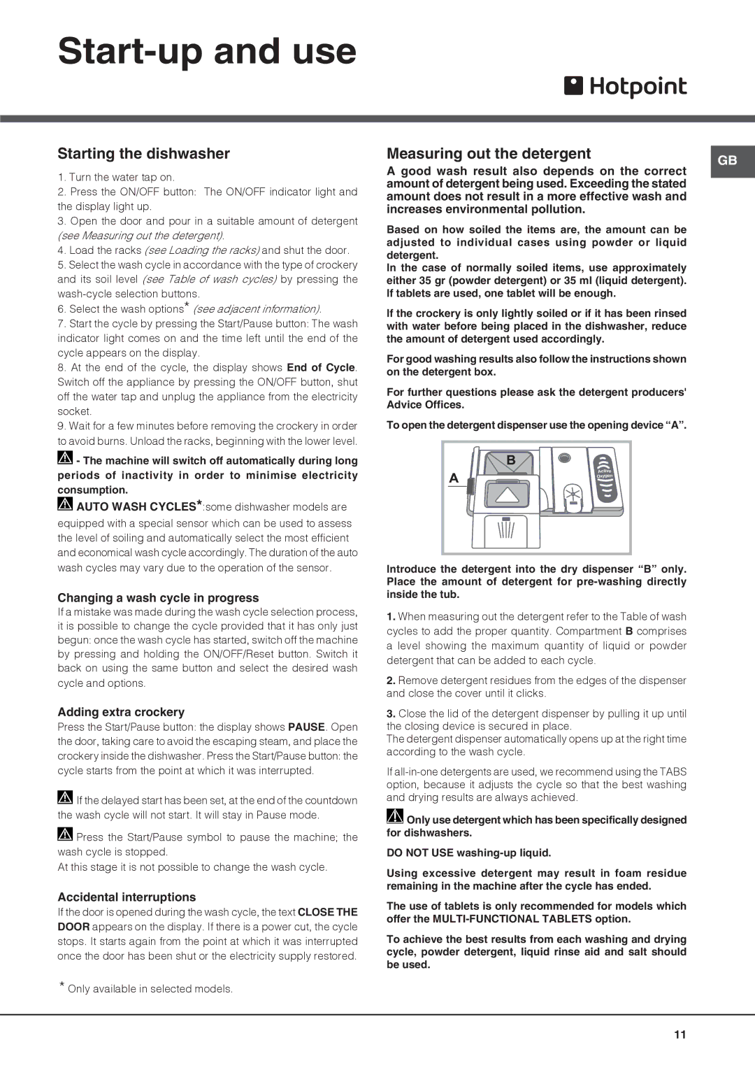 Hotpoint FDUD 43133 Ultima manual Start-up and use, Starting the dishwasher, Measuring out the detergent 