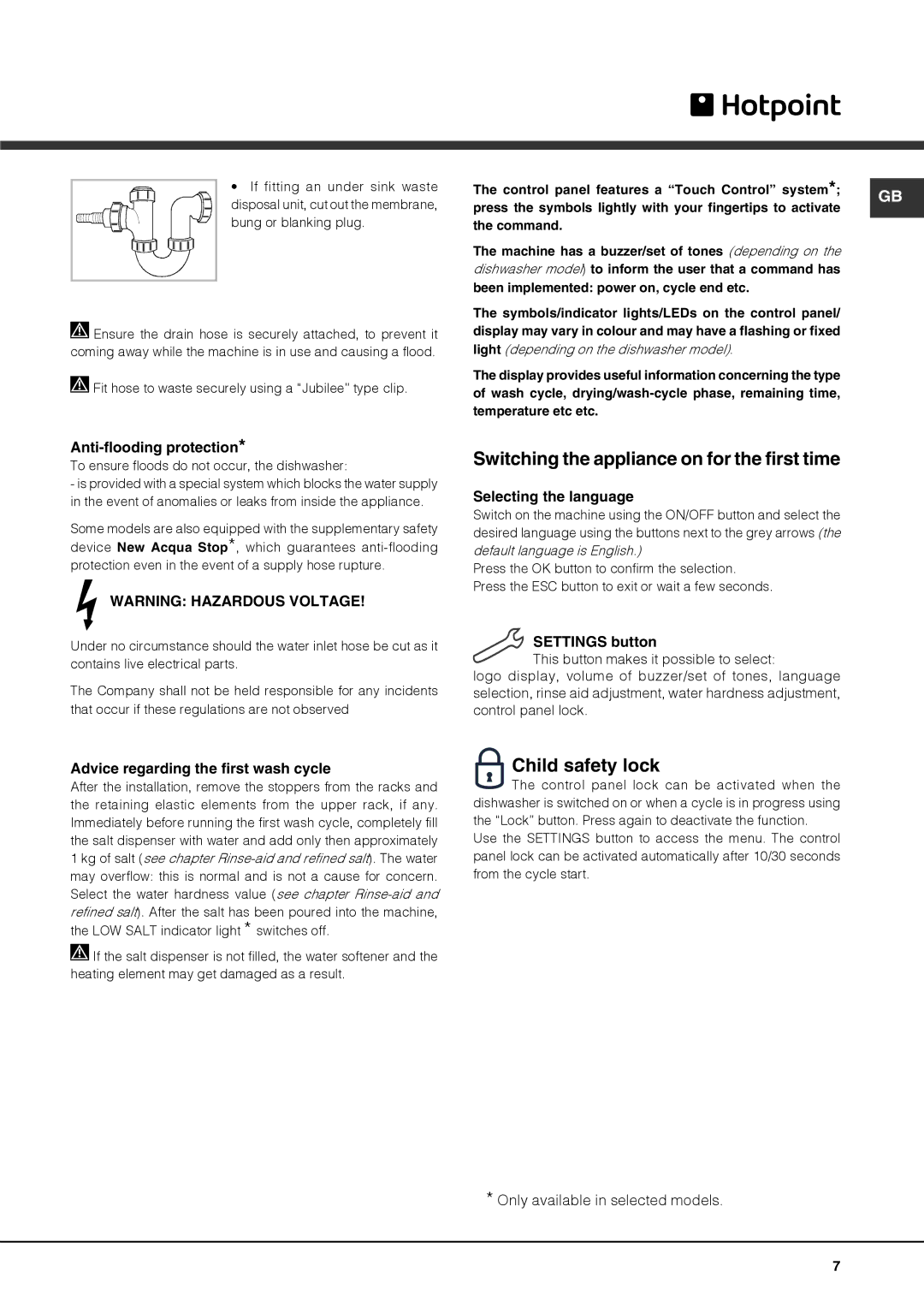 Hotpoint FDUD 43133 Ultima manual Switching the appliance on for the first time, Child safety lock 