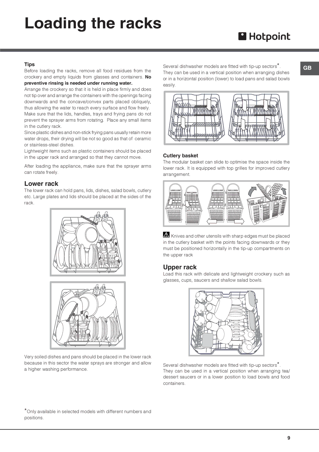 Hotpoint FDUD 43133 Ultima manual Loading the racks, Lower rack, Upper rack, Tips, Cutlery basket 