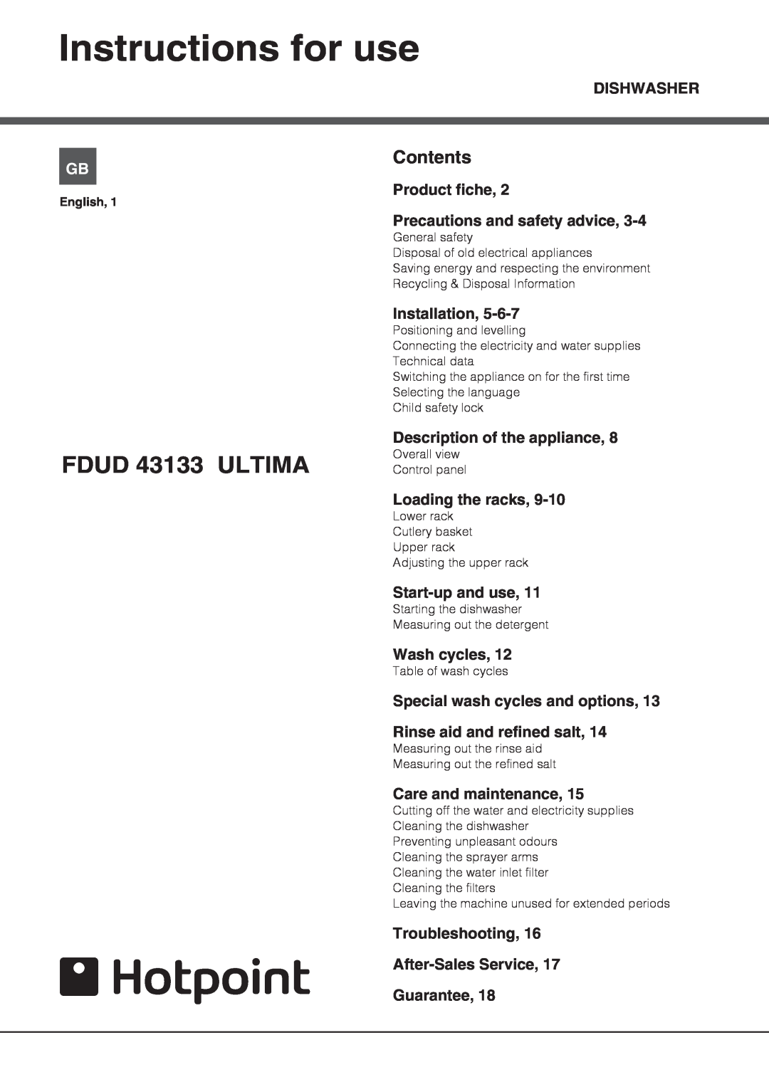 Hotpoint FDUD 43133 Ultima manual Instructions for use, FDUD 43133 ULTIMA, Contents 