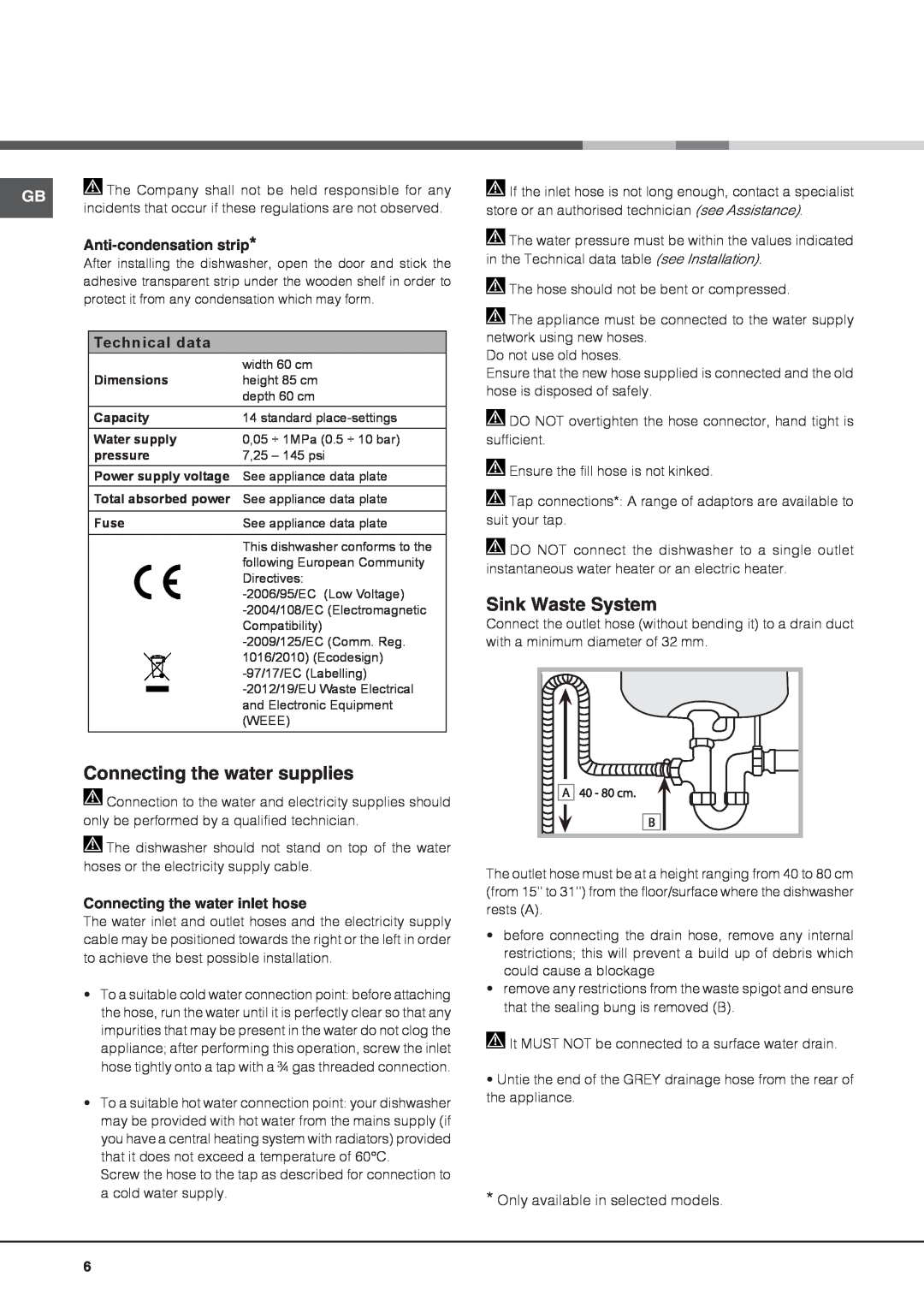 Hotpoint FDUD 43133 Ultima manual Connecting the water supplies, Sink Waste System, Anti-condensation strip, Technical data 