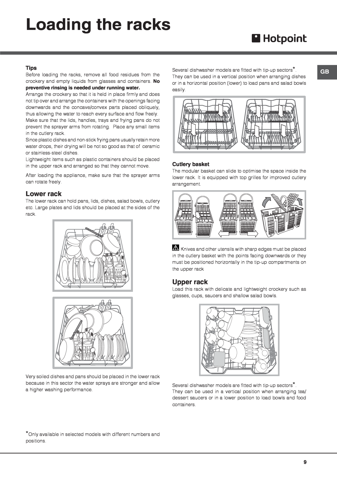 Hotpoint FDUD 43133 Ultima manual Loading the racks, Lower rack, Upper rack, Tips, Cutlery basket 
