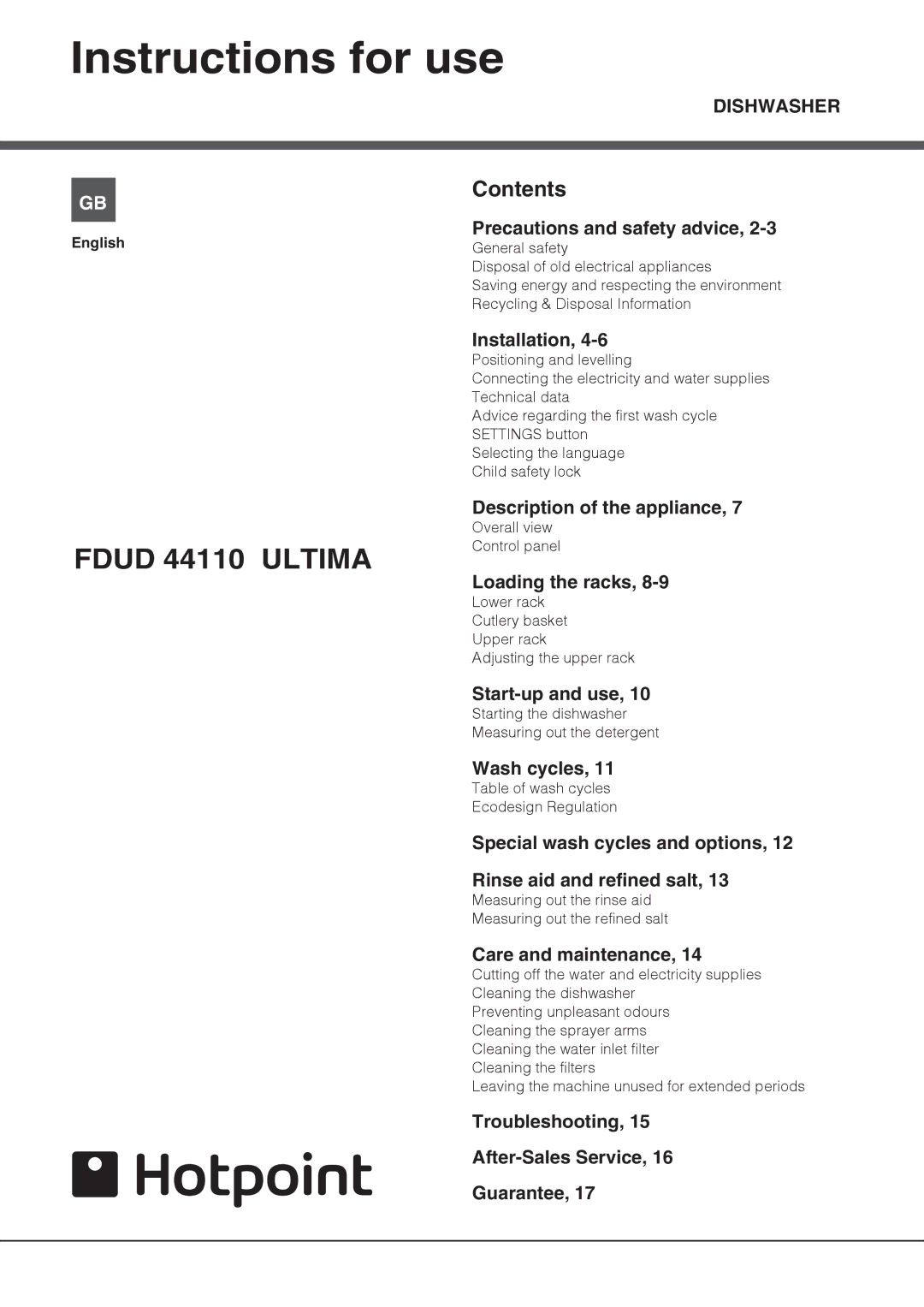 Hotpoint FDUD 44110 ULTIMA manual Instructions for use, Contents 