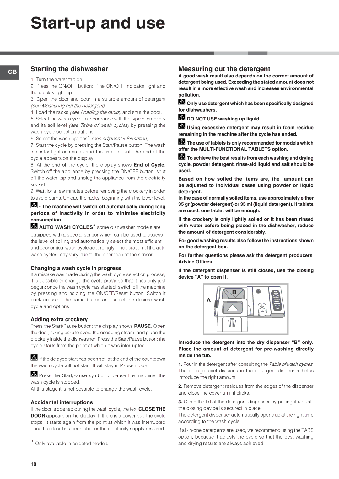 Hotpoint FDUD 44110 ULTIMA manual Start-up and use, Starting the dishwasher, Measuring out the detergent 