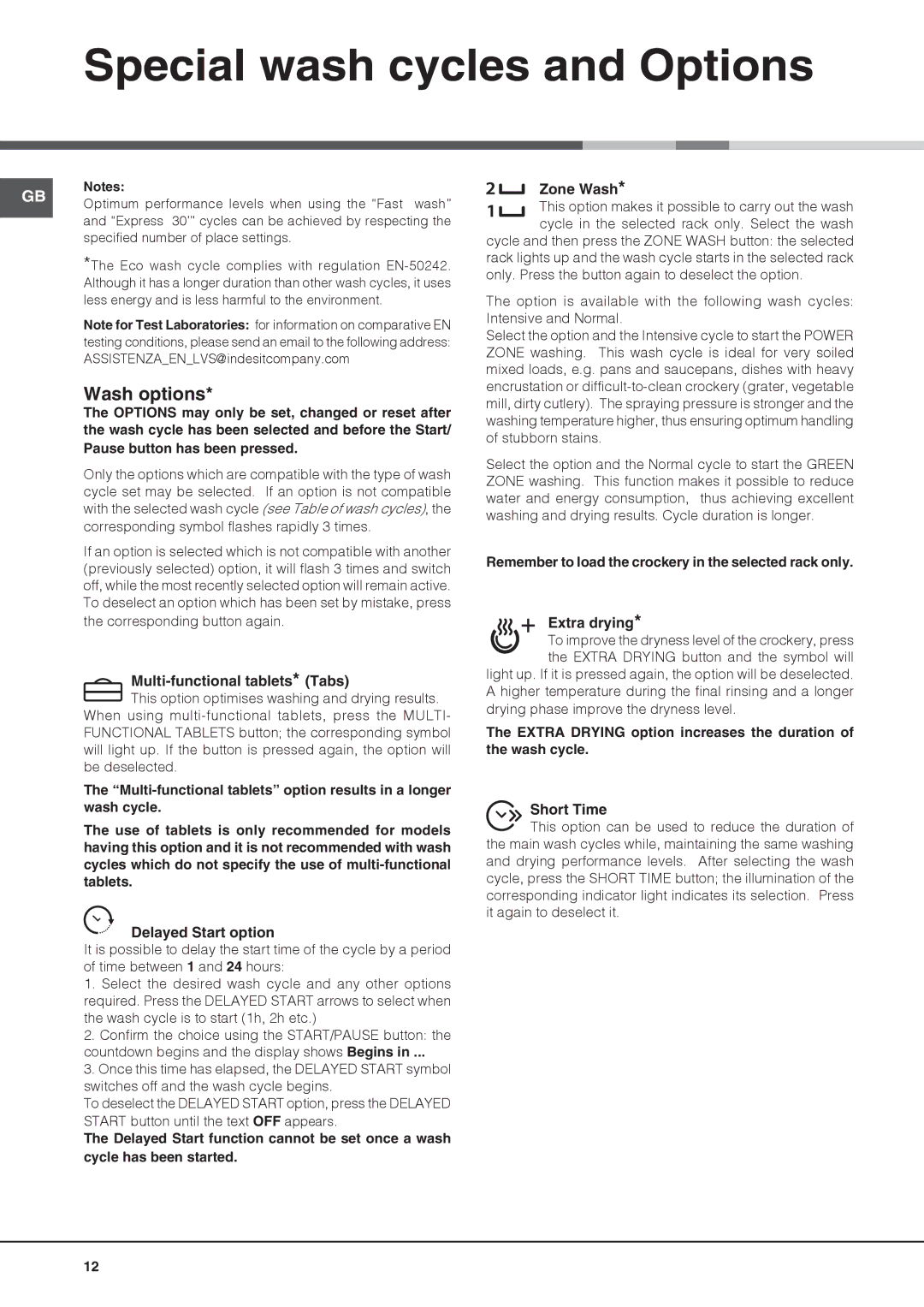 Hotpoint FDUD 44110 ULTIMA manual Special wash cycles and Options, Wash options 