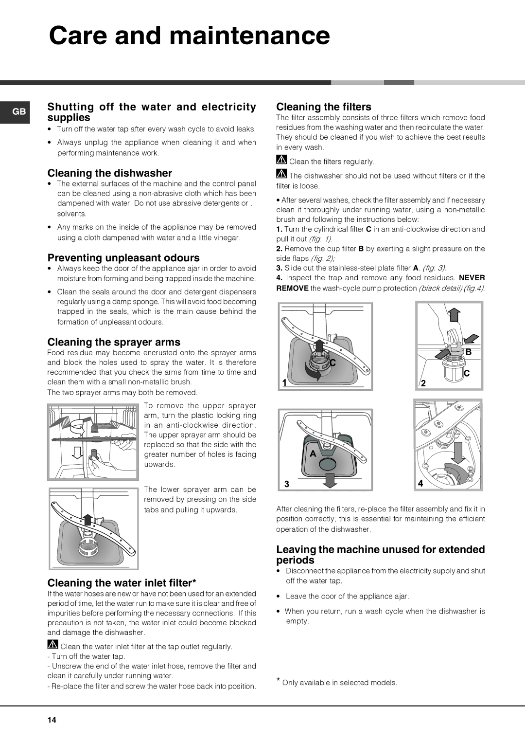 Hotpoint FDUD 44110 ULTIMA manual Care and maintenance 