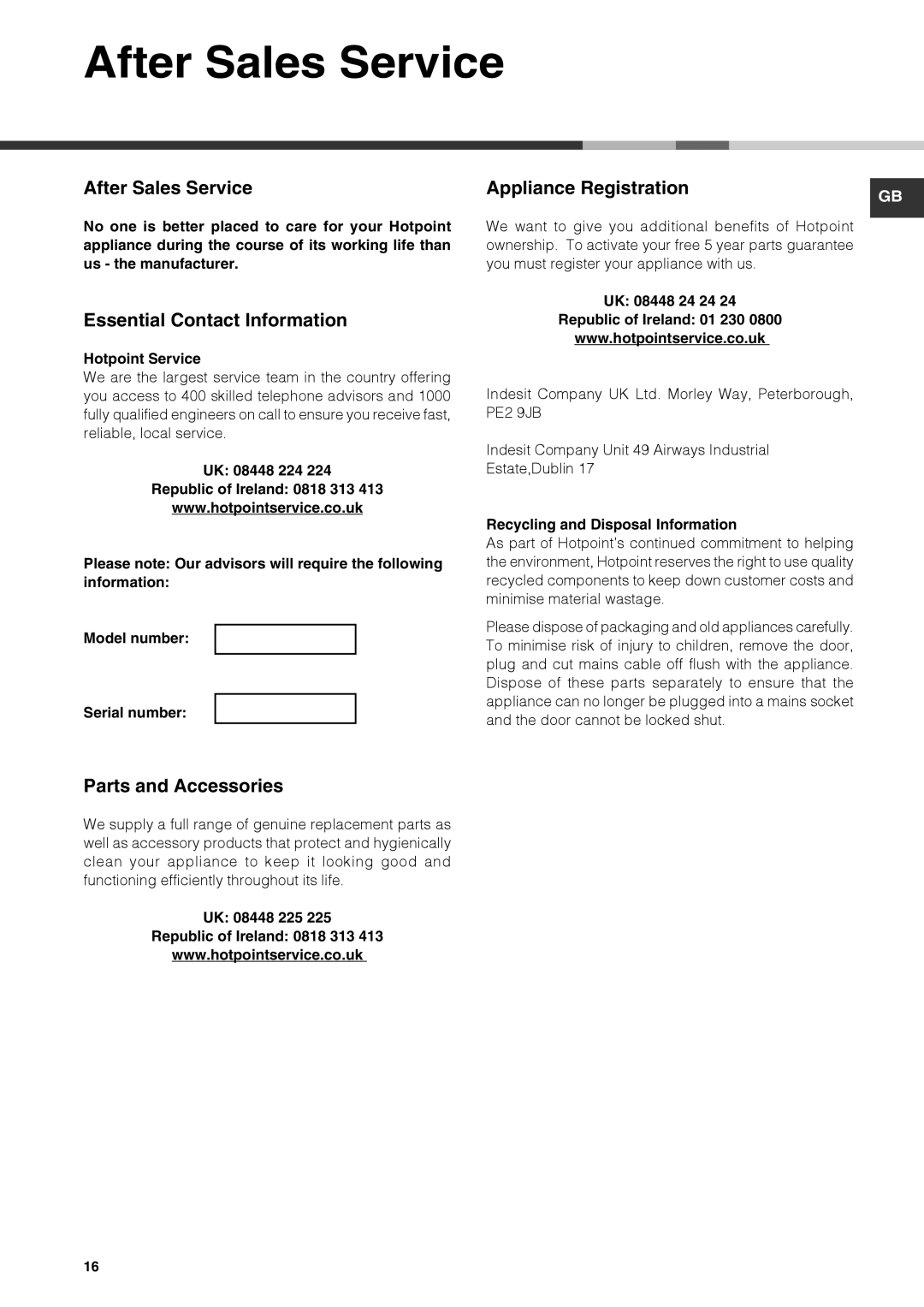 Hotpoint FDUD 44110 ULTIMA manual After Sales Service, Essential Contact Information, Appliance Registration 