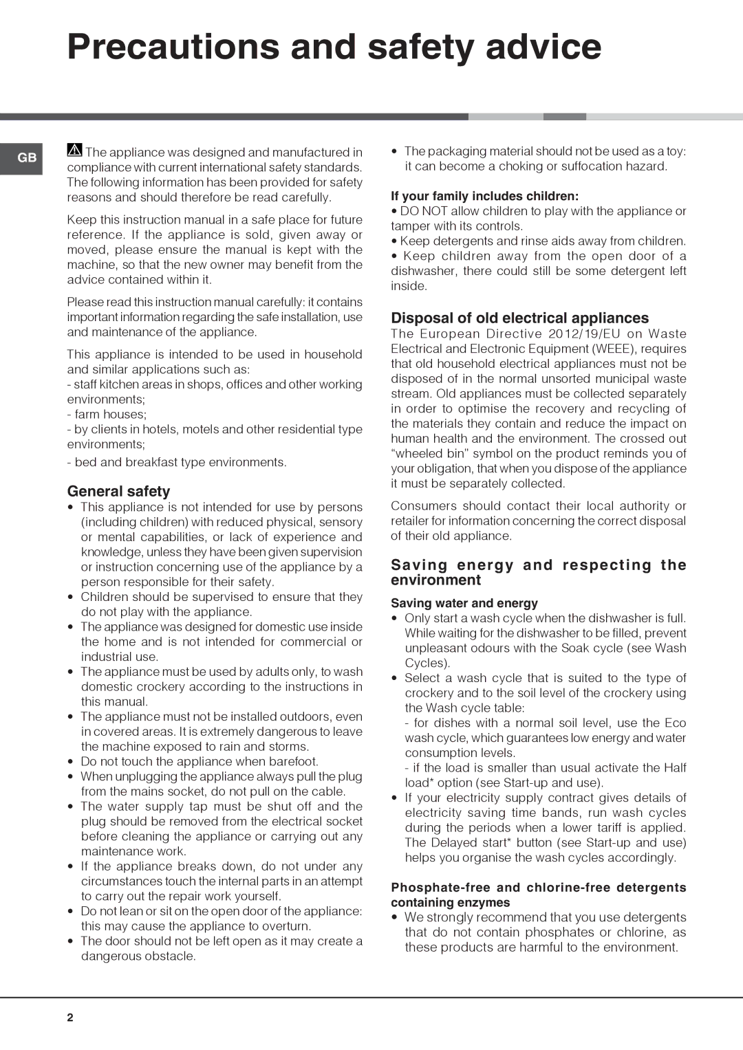 Hotpoint FDUD 44110 ULTIMA manual Precautions and safety advice, General safety, Disposal of old electrical appliances 