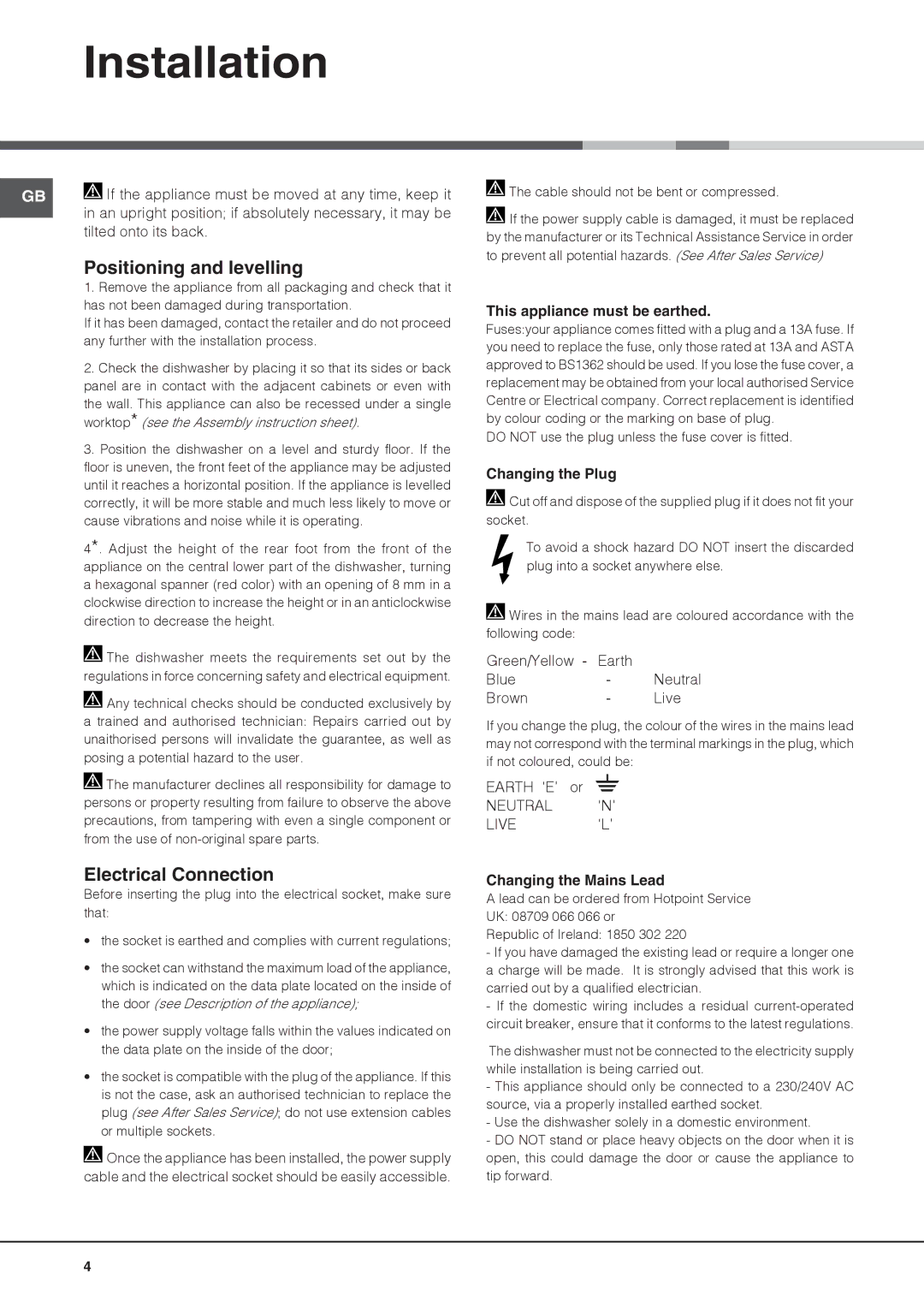 Hotpoint FDUD 44110 ULTIMA manual Installation, Positioning and levelling, Electrical Connection 