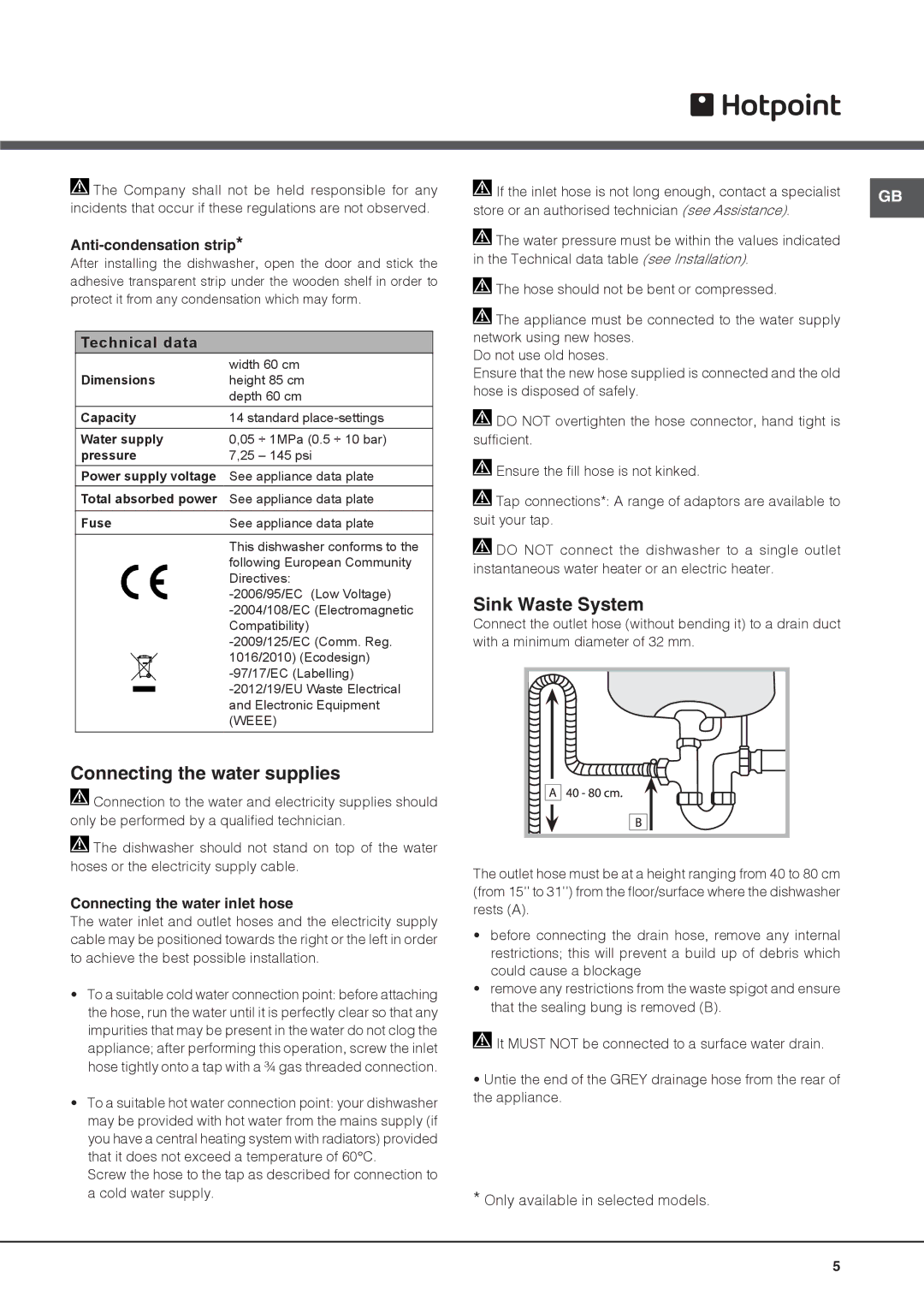 Hotpoint FDUD 44110 ULTIMA manual Connecting the water supplies, Sink Waste System, Anti-condensation strip 