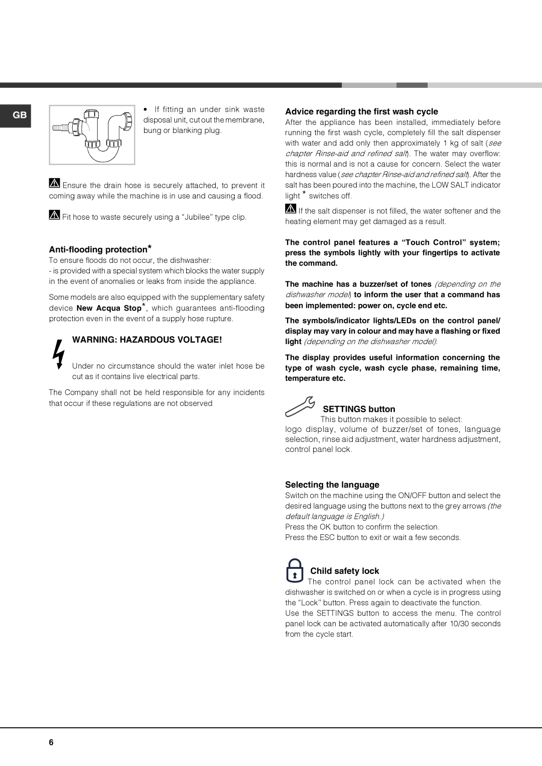 Hotpoint FDUD 44110 ULTIMA manual Anti-flooding protection, Advice regarding the first wash cycle, Settings button 