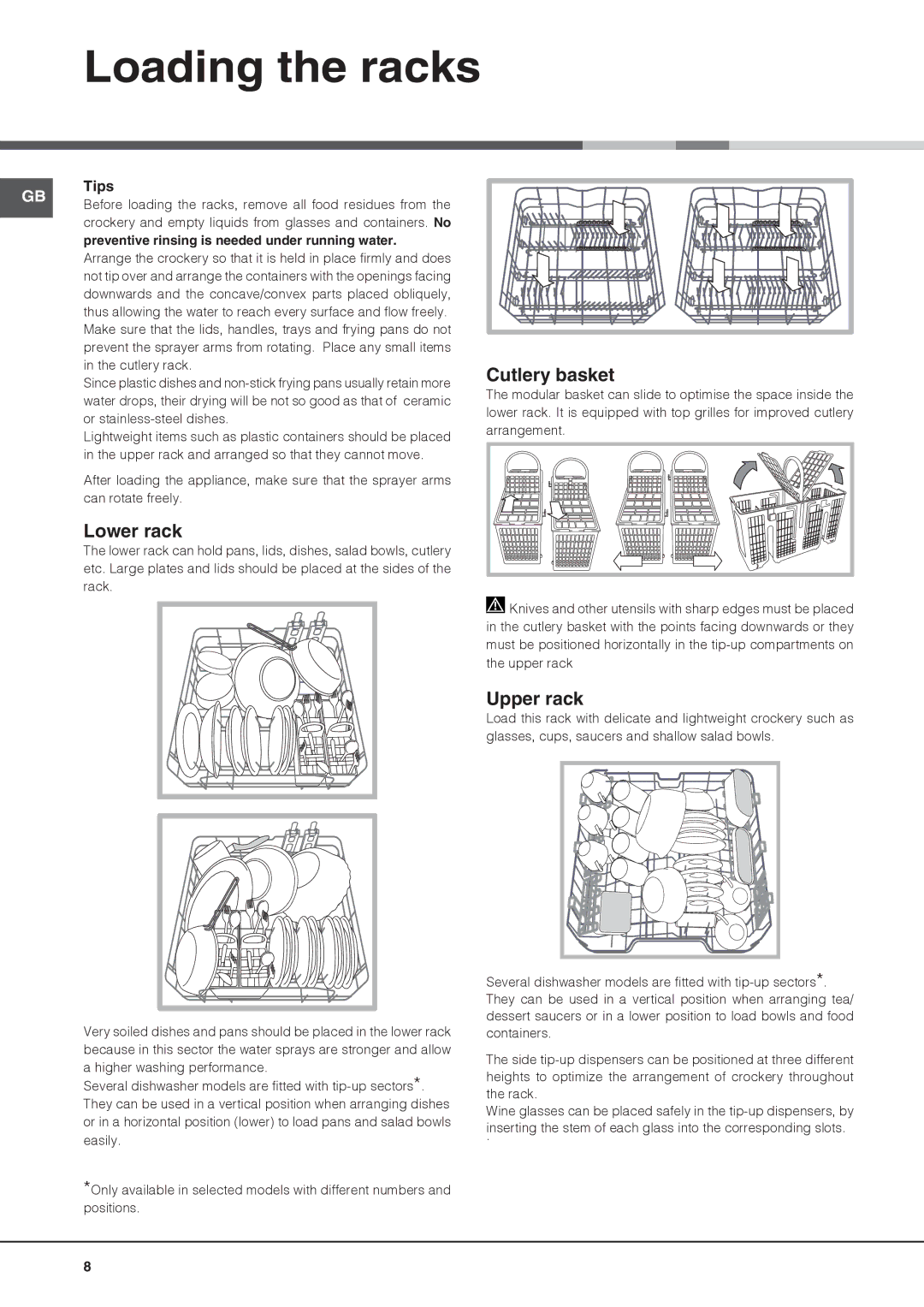 Hotpoint FDUD 44110 ULTIMA manual Loading the racks, Lower rack, Cutlery basket, Upper rack, Tips 