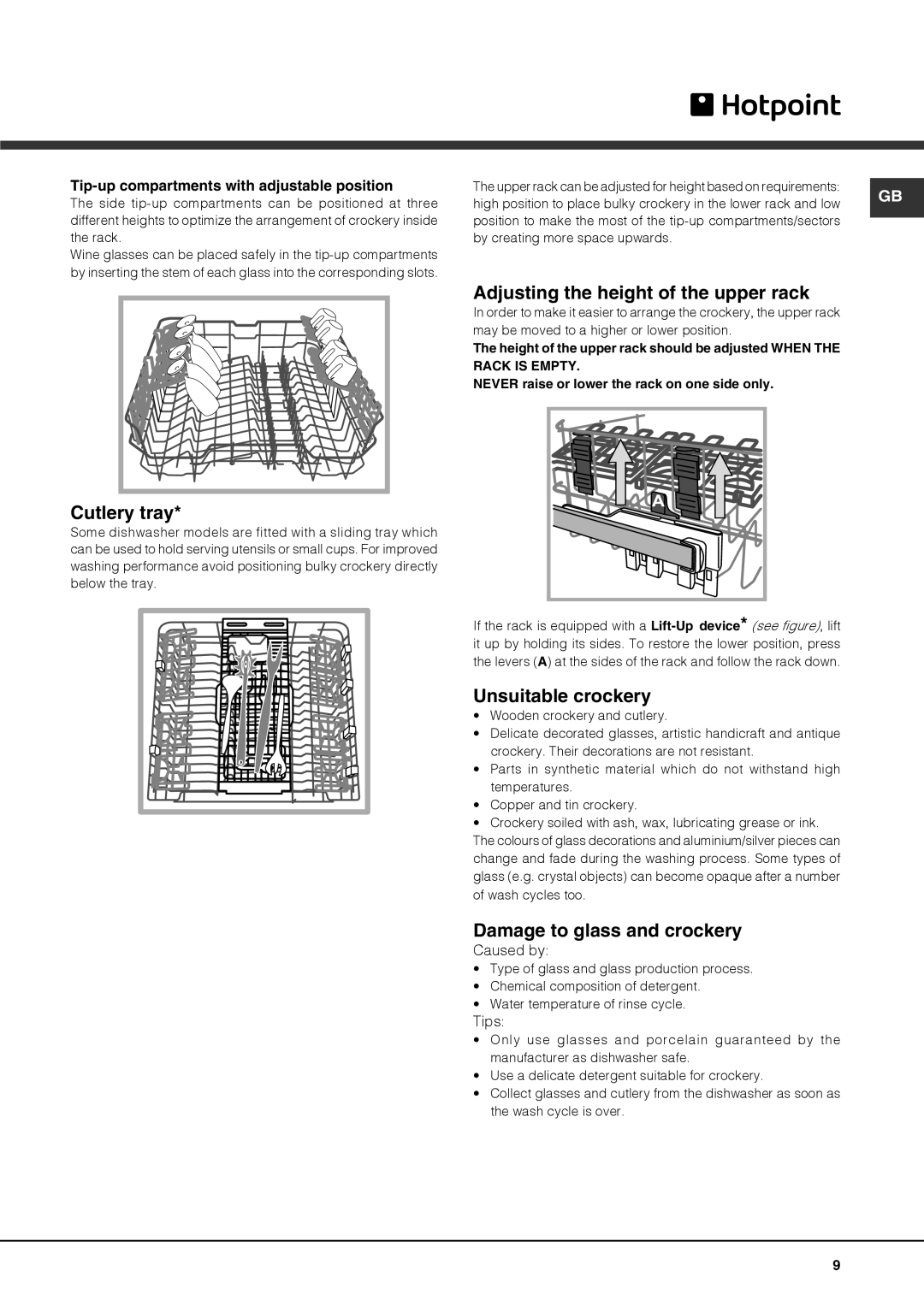 Hotpoint FDUD 44110 ULTIMA manual Cutlery tray, Adjusting the height of the upper rack, Unsuitable crockery 