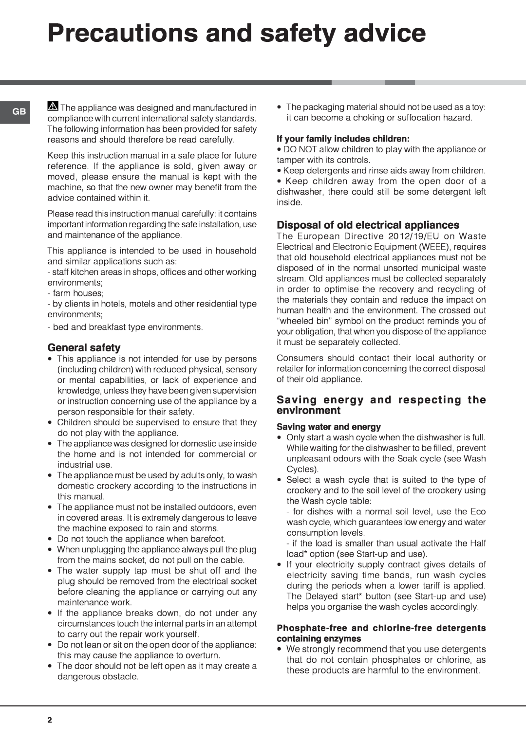 Hotpoint FDUD 44110 ULTIMA manual Precautions and safety advice, General safety, Disposal of old electrical appliances 