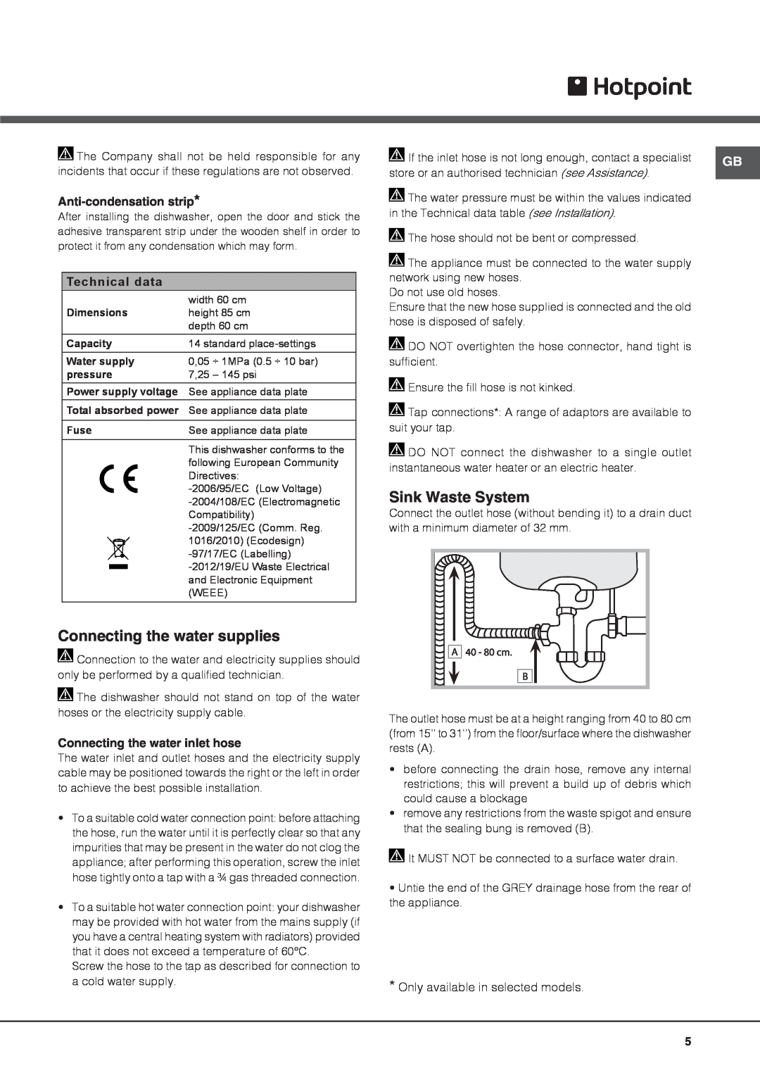 Hotpoint FDUD 44110 ULTIMA manual Connecting the water supplies, Sink Waste System, Anti-condensationstrip, Technical data 