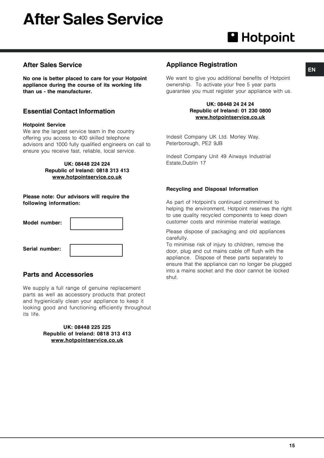 Hotpoint FDUD 4812 manual After Sales Service, Essential Contact Information, Parts and Accessories, Appliance Registration 