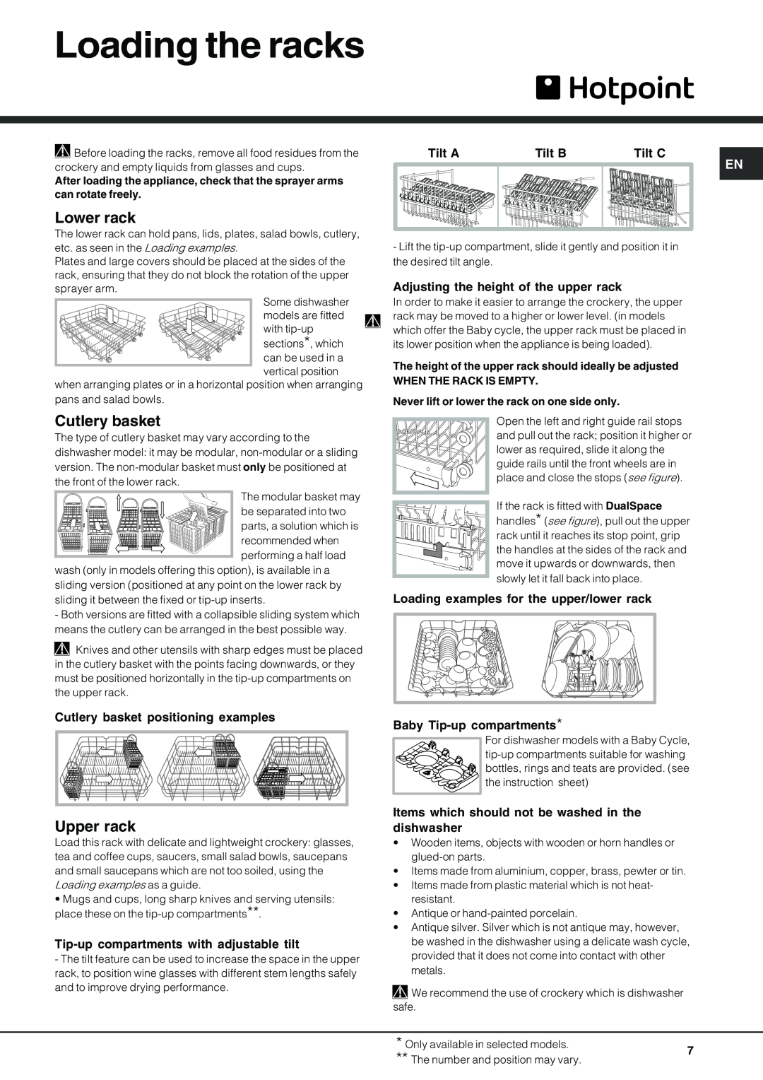Hotpoint FDUD 4812 manual Loading the racks, Lower rack, Cutlery basket, Upper rack, Tilt A, Tilt B, Tilt C 