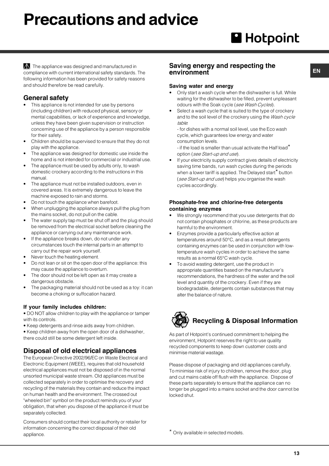 Hotpoint FDUD4212 Precautions and advice, General safety, Saving energy and respecting, Recycling & Disposal Information 