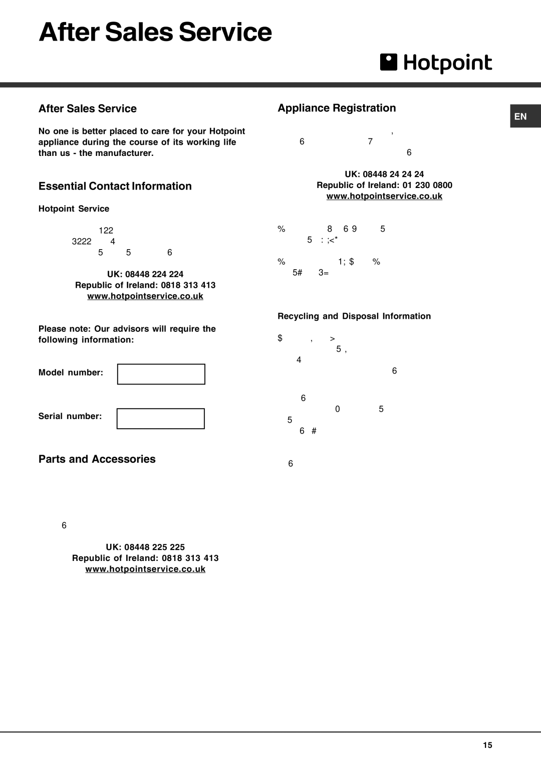 Hotpoint FDUD4212 manual After Sales Service, Essential Contact Information, Parts and Accessories, Appliance Registration 