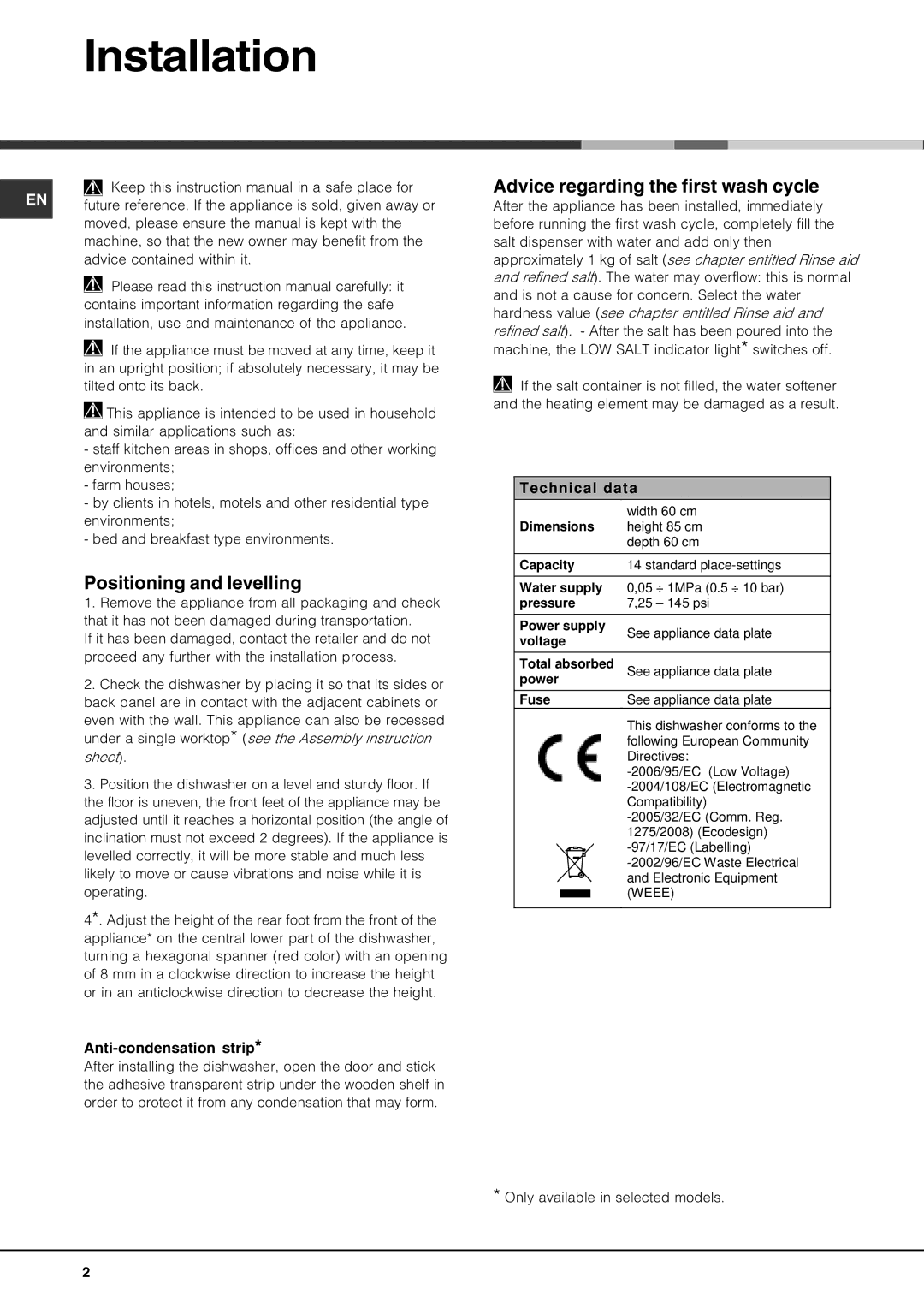 Hotpoint FDUD4212 Installation, Positioning and levelling, Advice regarding the first wash cycle, Anti-condensation strip 