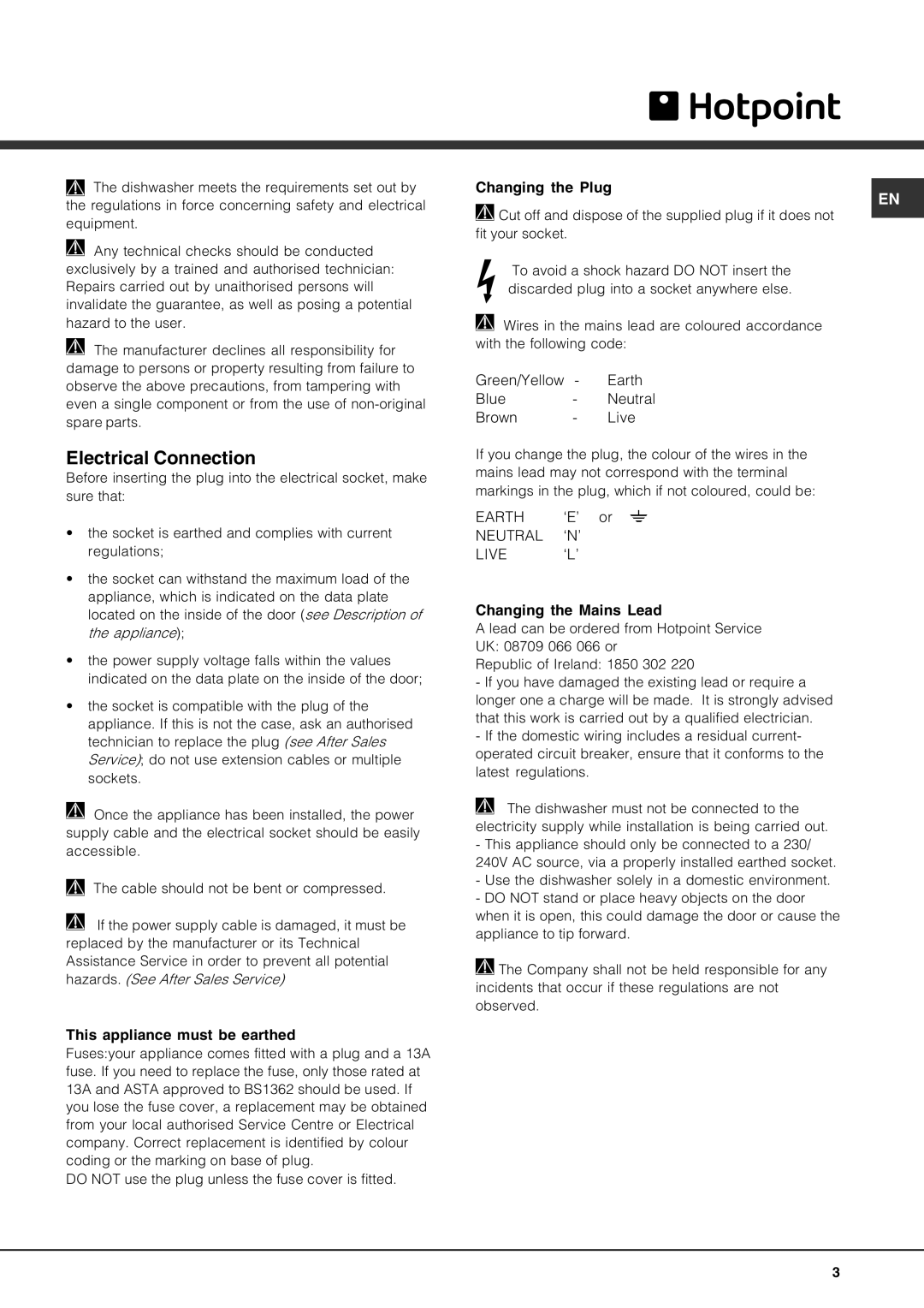 Hotpoint FDUD4212 manual Electrical Connection 