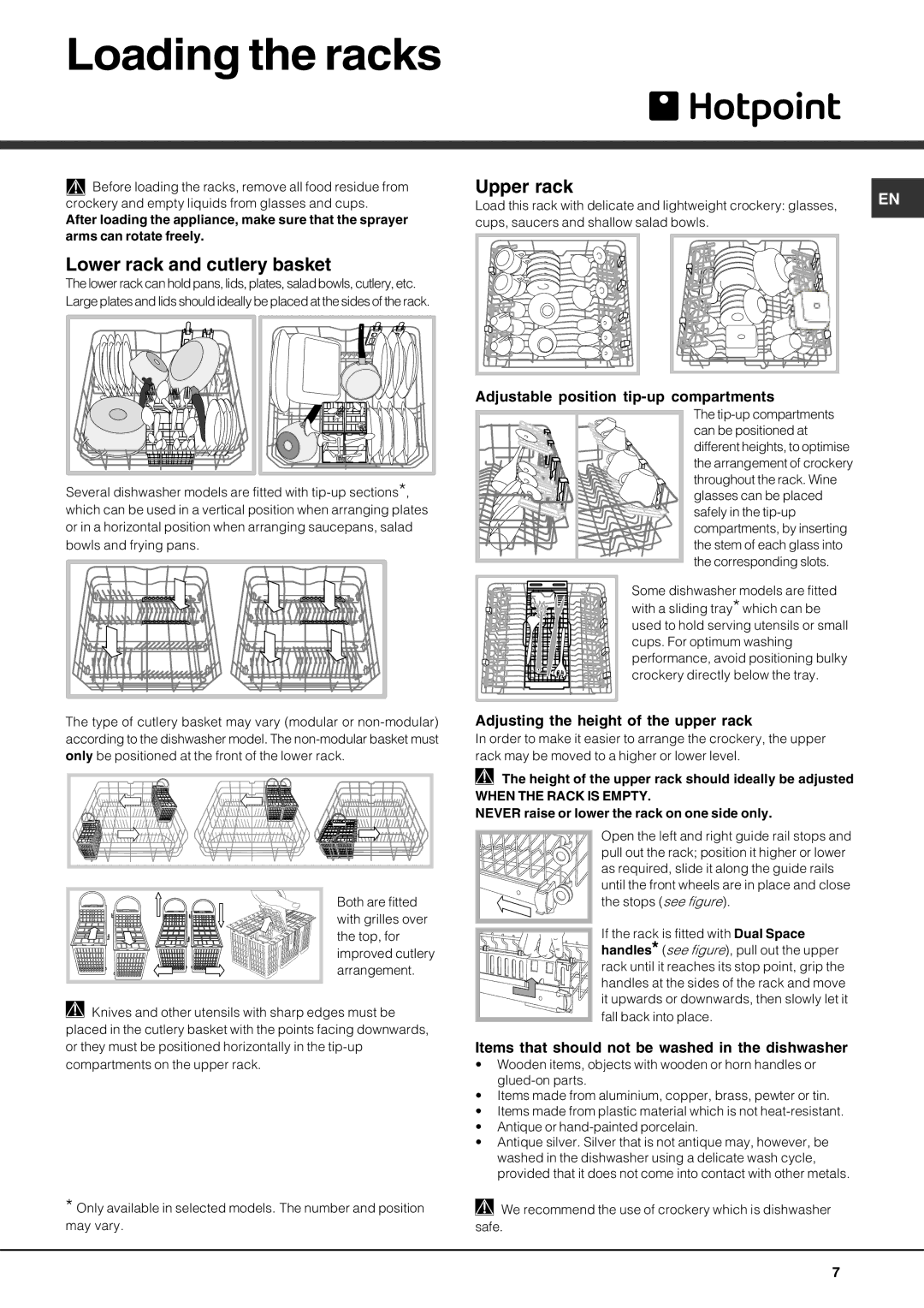 Hotpoint FDUD4212 manual Loading the racks, Lower rack and cutlery basket, Upper rack 