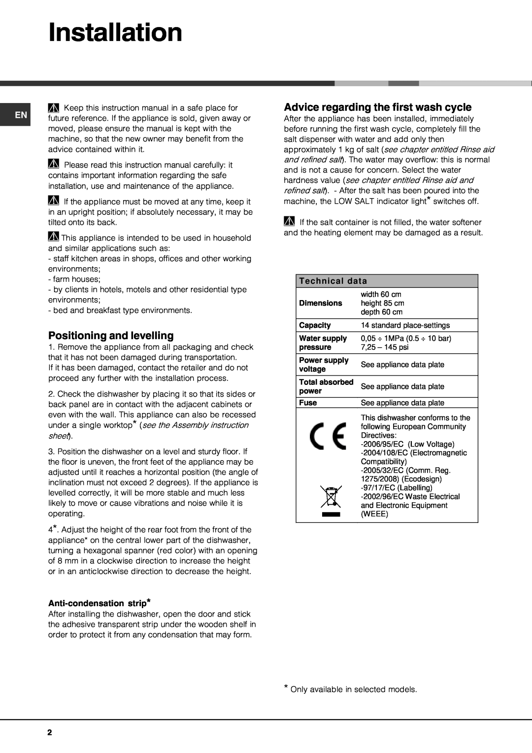 Hotpoint FDUD4212 Installation, Positioning and levelling, Advice regarding the first wash cycle, Anti-condensation strip 