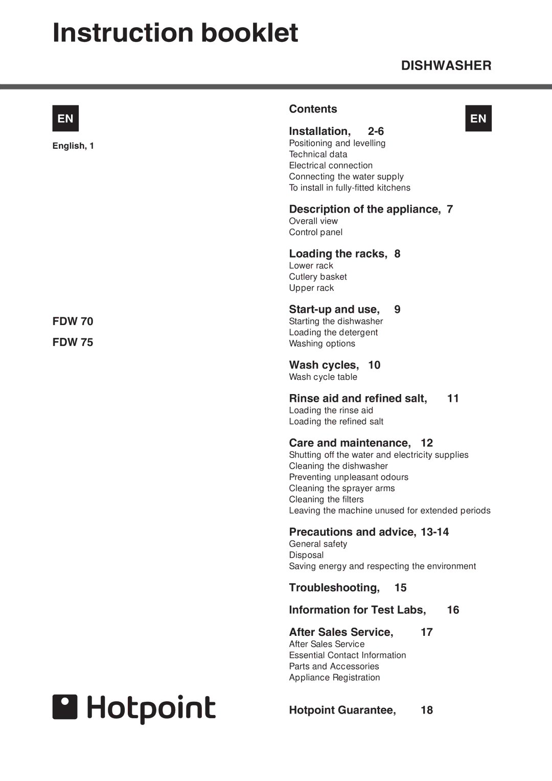 Hotpoint FDW 70, FDW 75 manual Instruction booklet 