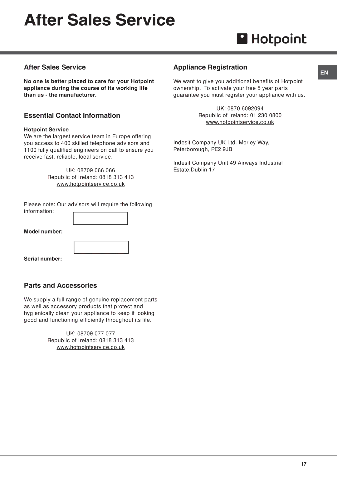 Hotpoint FDW 70, FDW 75 After Sales Service, Essential Contact Information, Parts and Accessories, Appliance Registration 