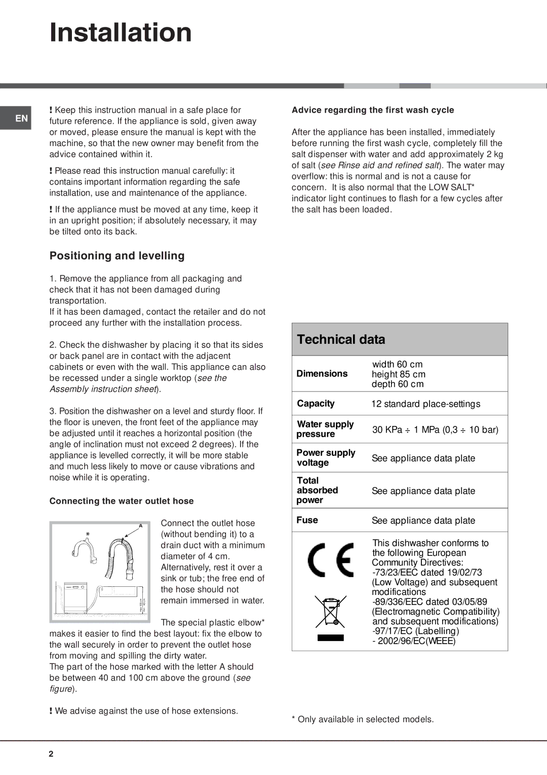 Hotpoint FDW 75, FDW 70 manual Installation, Positioning and levelling, Connecting the water outlet hose 