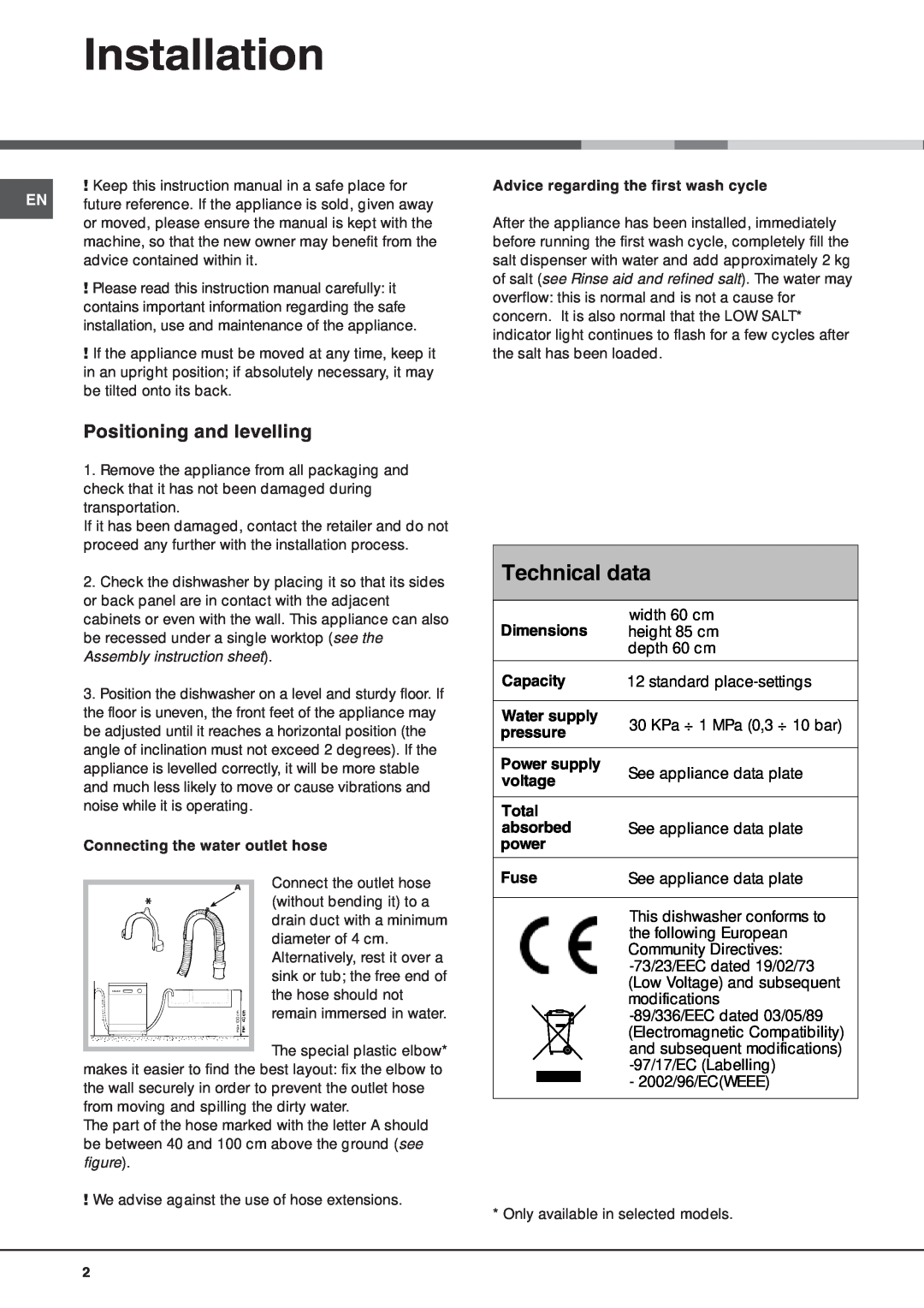 Hotpoint FDW 75 manual Installation, 7HFKQLFDOGDWD, Assembly instruction sheet, Connecting the water outlet hose, Lphqvlrqv 