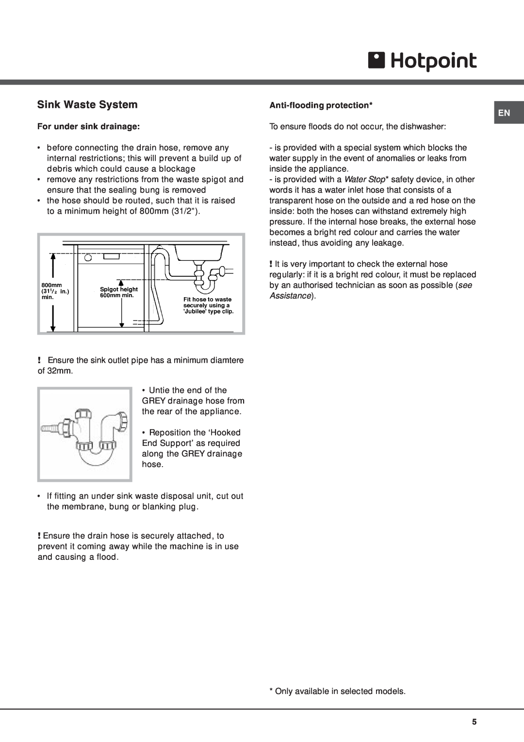 Hotpoint FDW 70, FDW 75 manual Sink Waste System, For under sink drainage, Anti-floodingprotection 