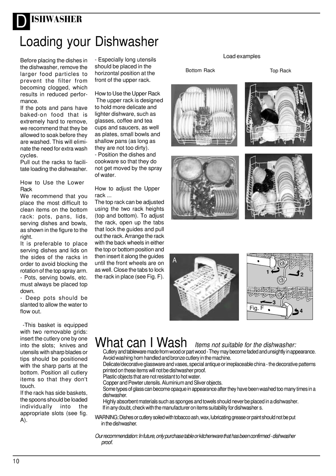 Hotpoint FDW65, FDW60 manual Loading your Dishwasher, Load examples, How to Use the Lower Rack, How to adjust the Upper Rack 